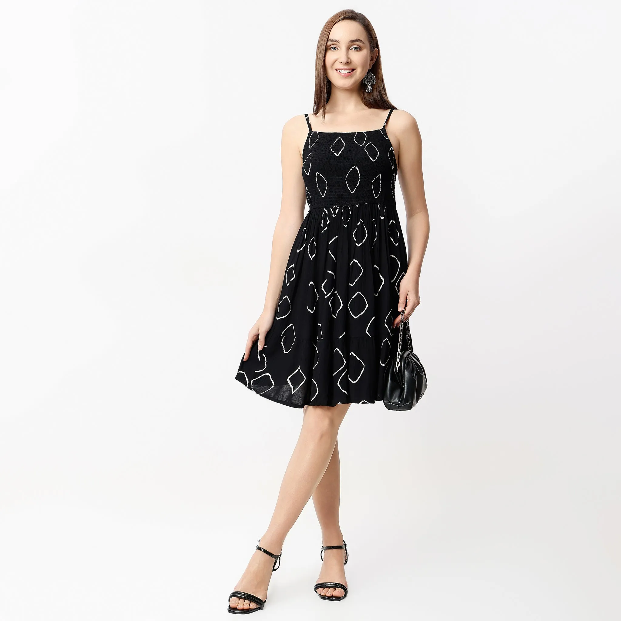 Lake Glow Square Neck Knee Length Sleeveless Flare Fit Printed Strap Dress