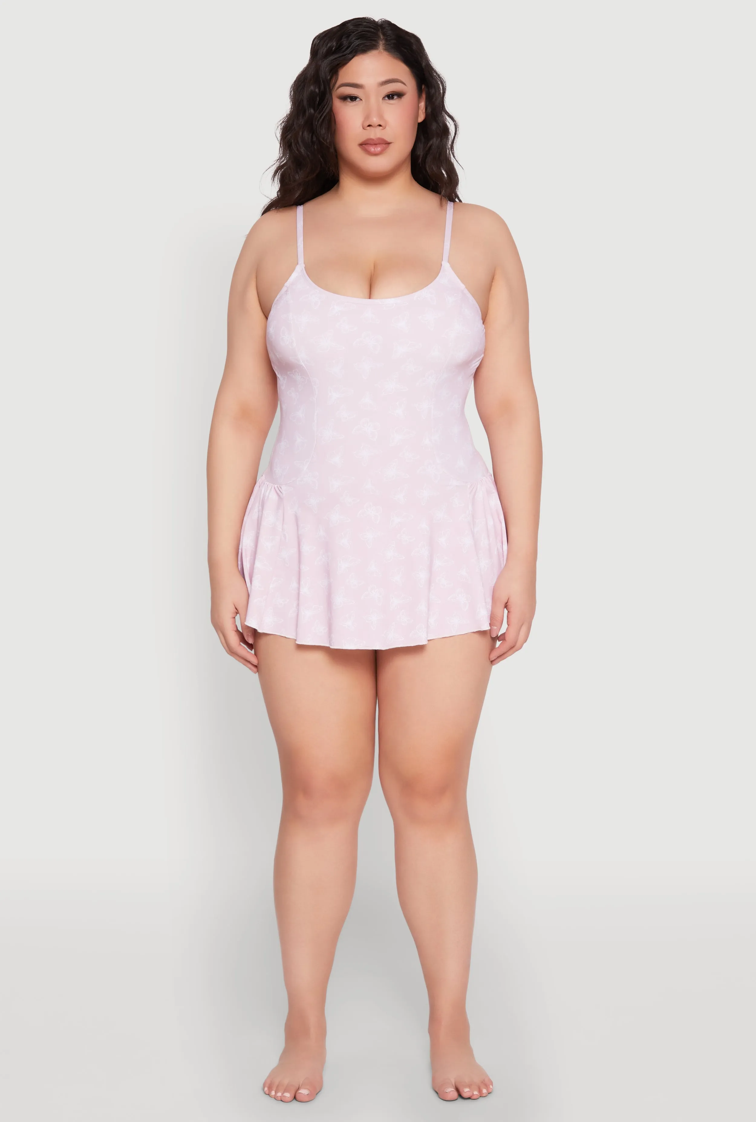 Non Slip Grippers Plus Size Butterfly Print Swim Dress