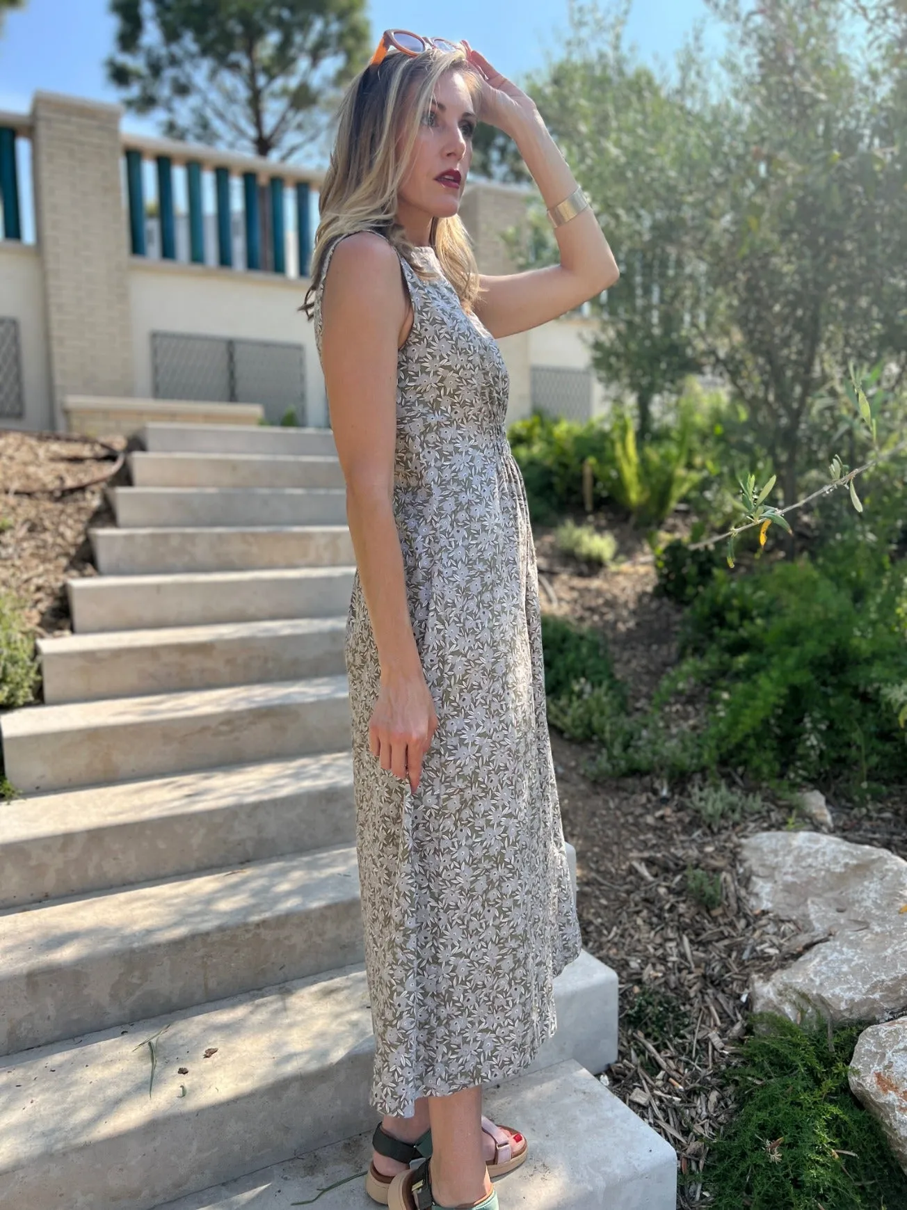 Artsy Traveler Sleeveless Midi Dress - Olive Flowers ZeroWaste Production