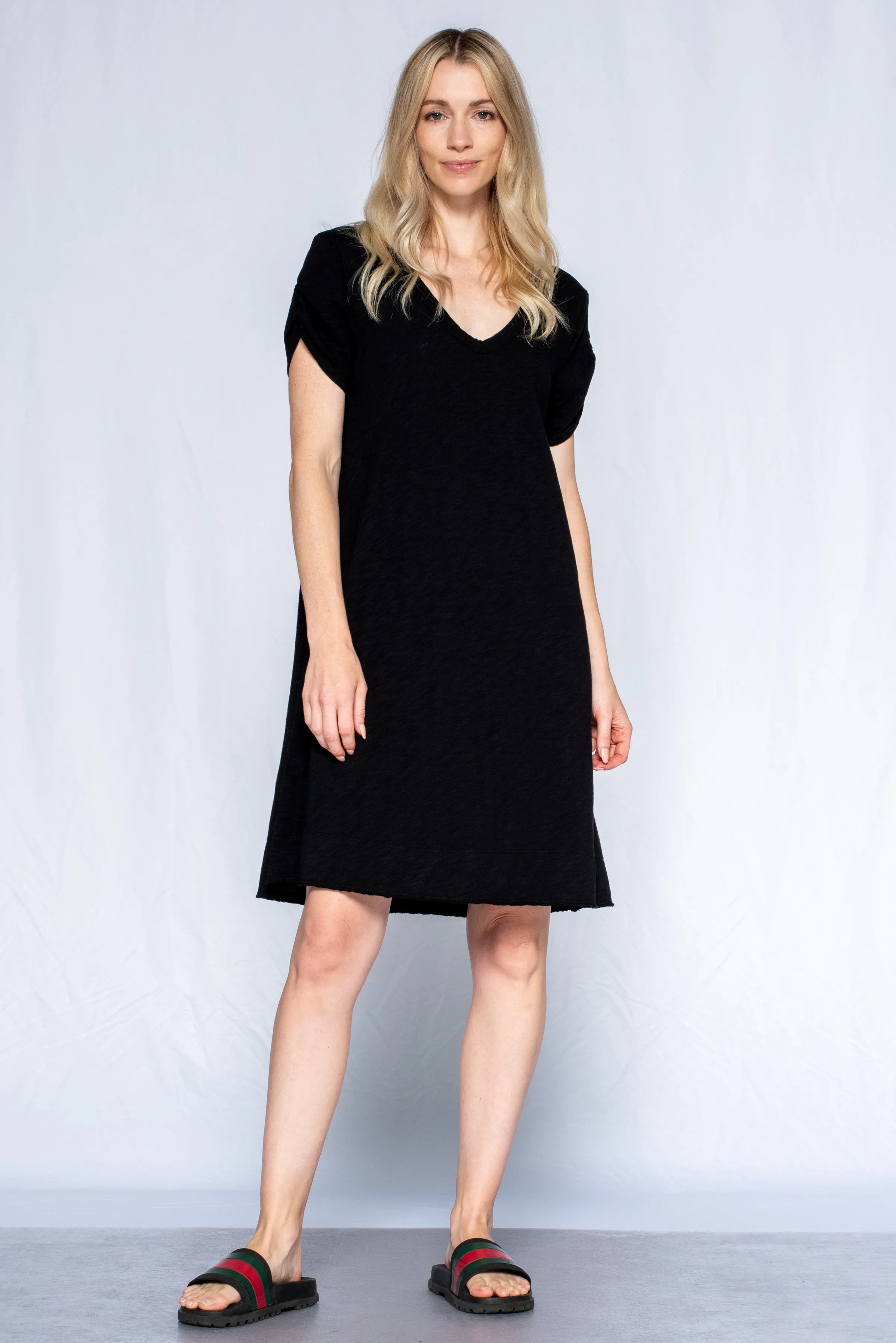 Wide Glow Breathable Stretch Fabric Ruched Sleeve Trapeze Tee Dress