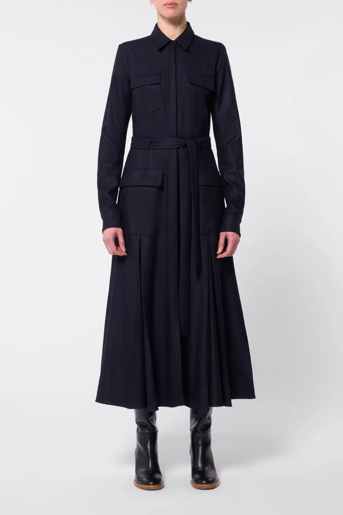 Roe Shirtdress in Dark Navy Virgin Wool Cashmere Flannel FlexibleFit