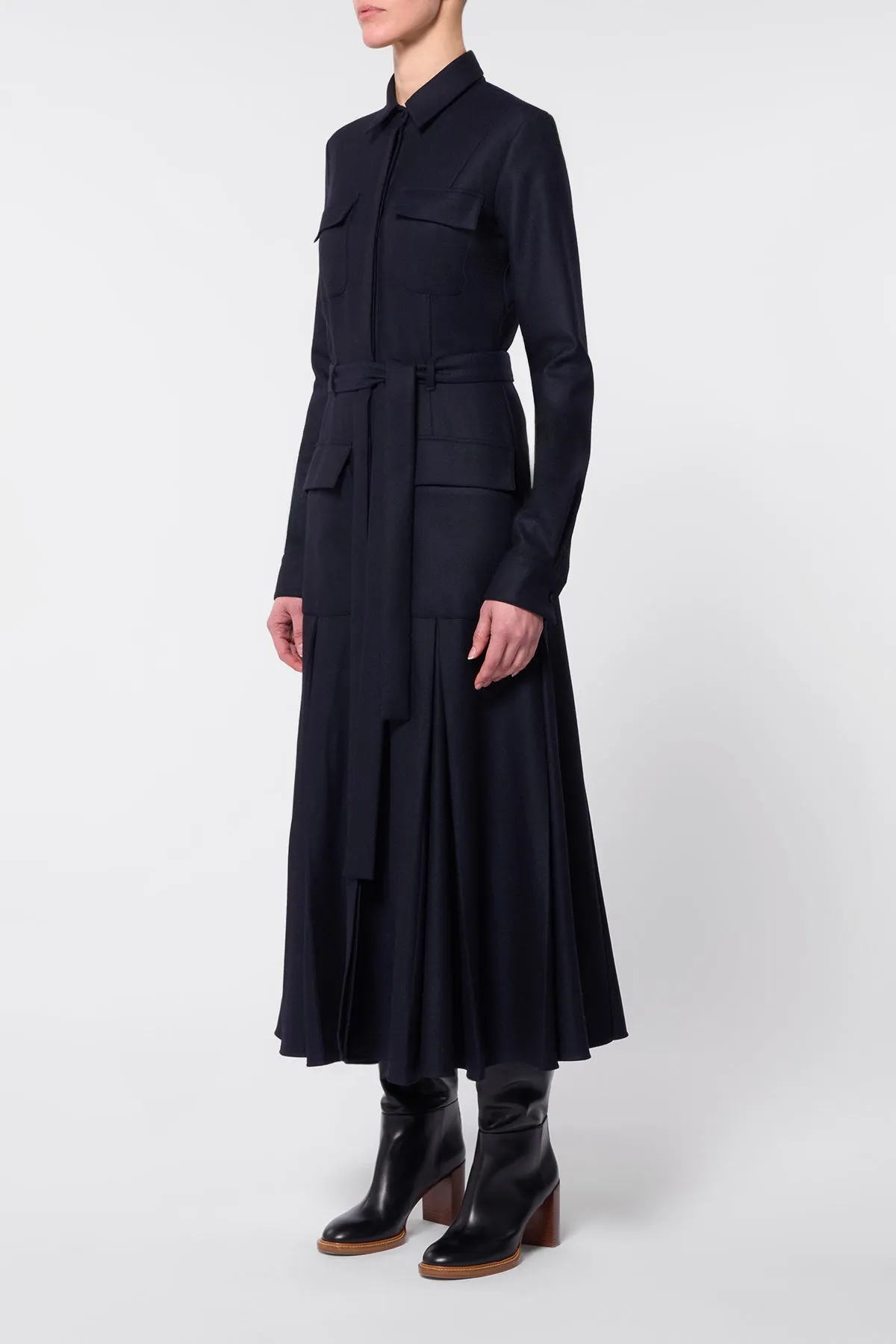 Soft Flow Roe Shirtdress in Dark Navy Virgin Wool Cashmere Flannel