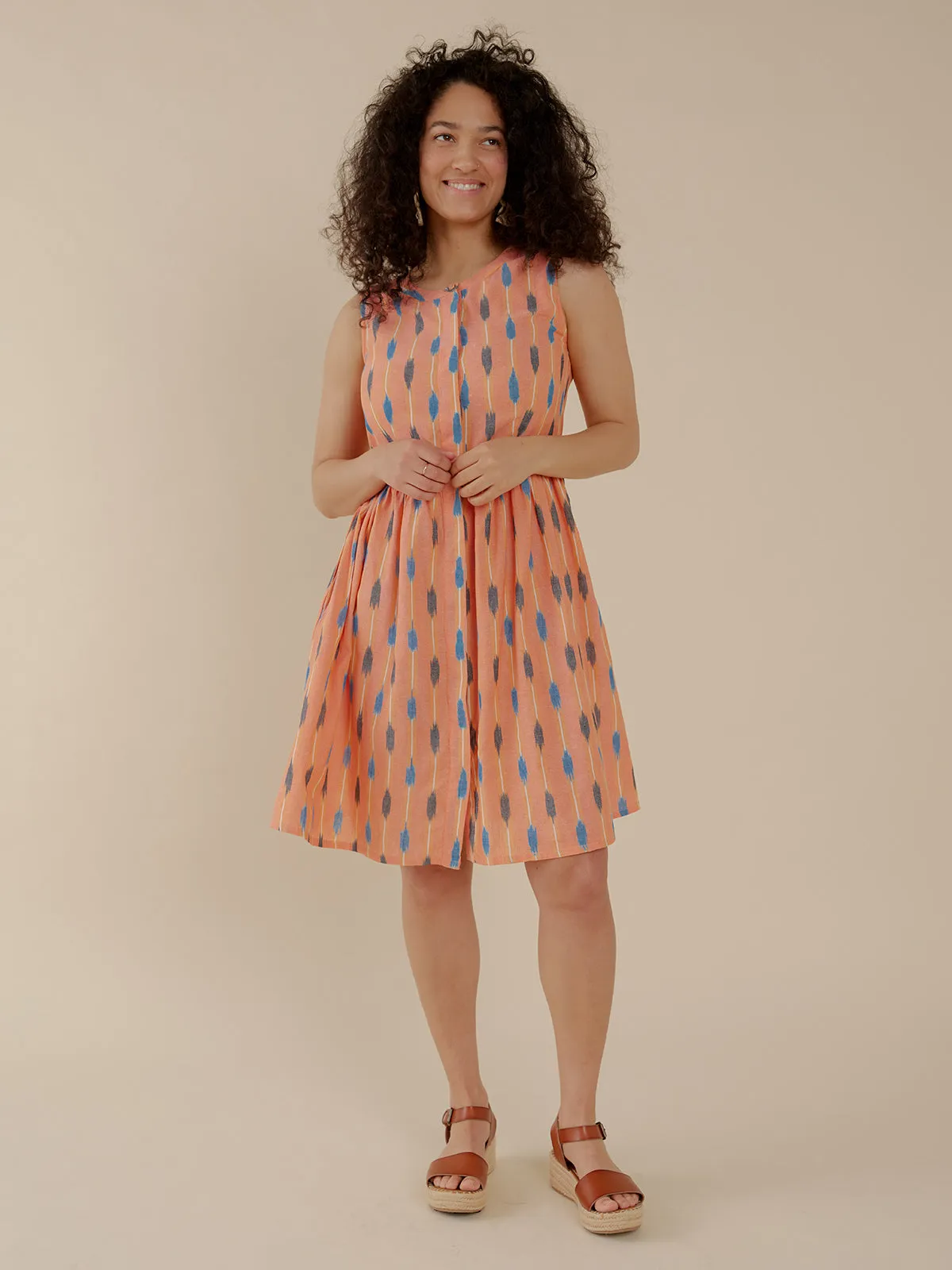 Kerala Placket Dress - Peach Ikat PreShrunkFabric