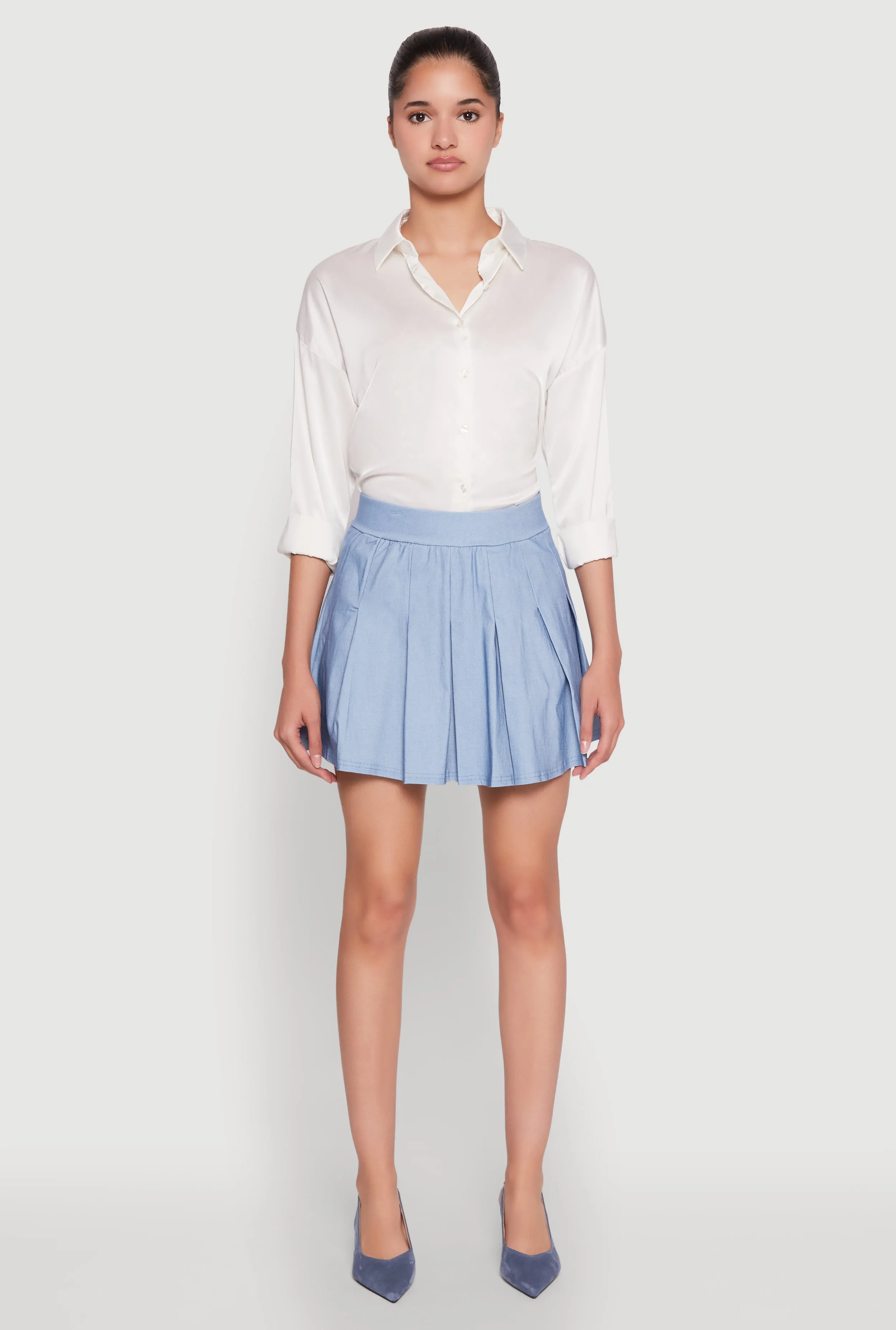 Spring Must Have Chambray High Waisted Pleated Skirt
