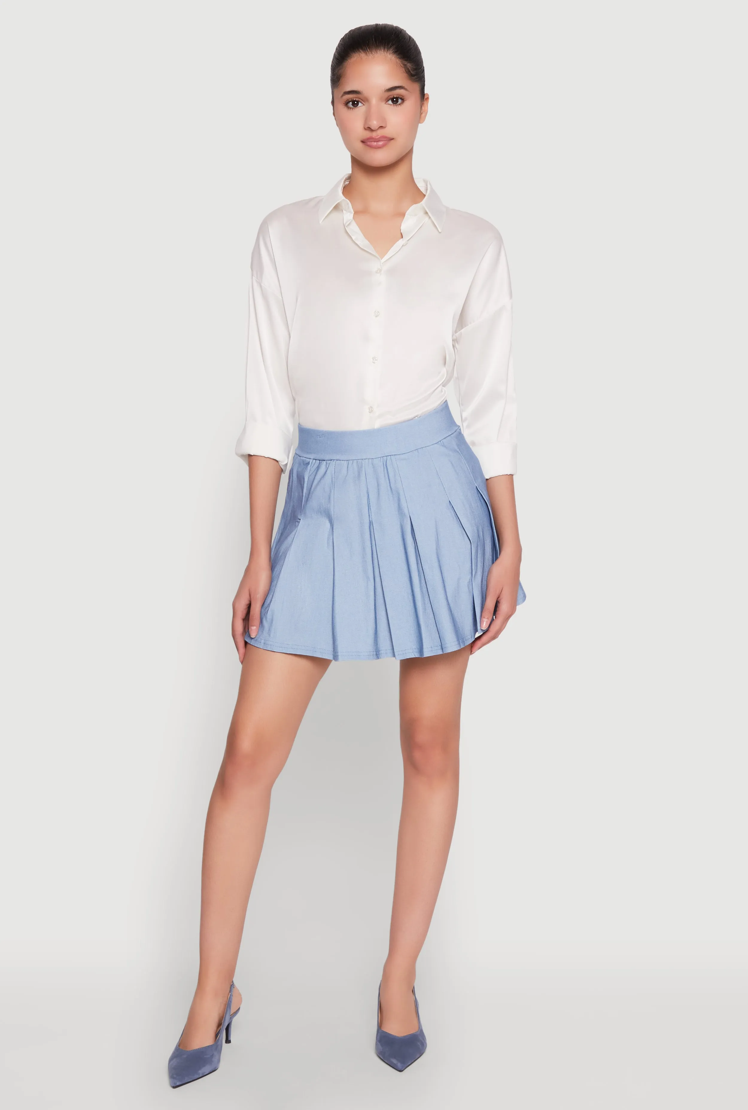Chambray High Waisted Pleated Skirt Draped Design Breezy Look
