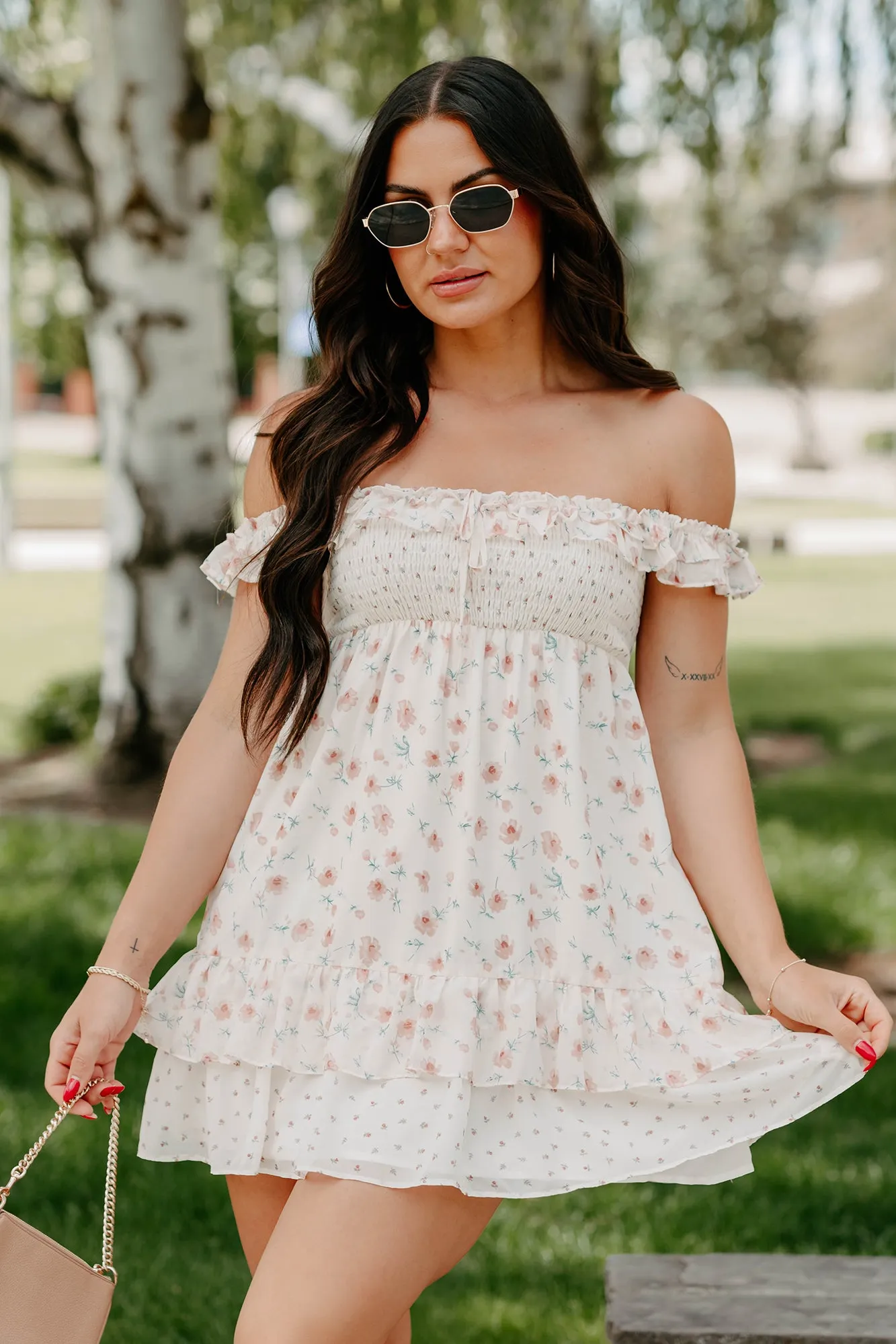 Floral Vibe Floral Chic Becoming Her Off The Shoulder Floral Mini Dress (Cream)