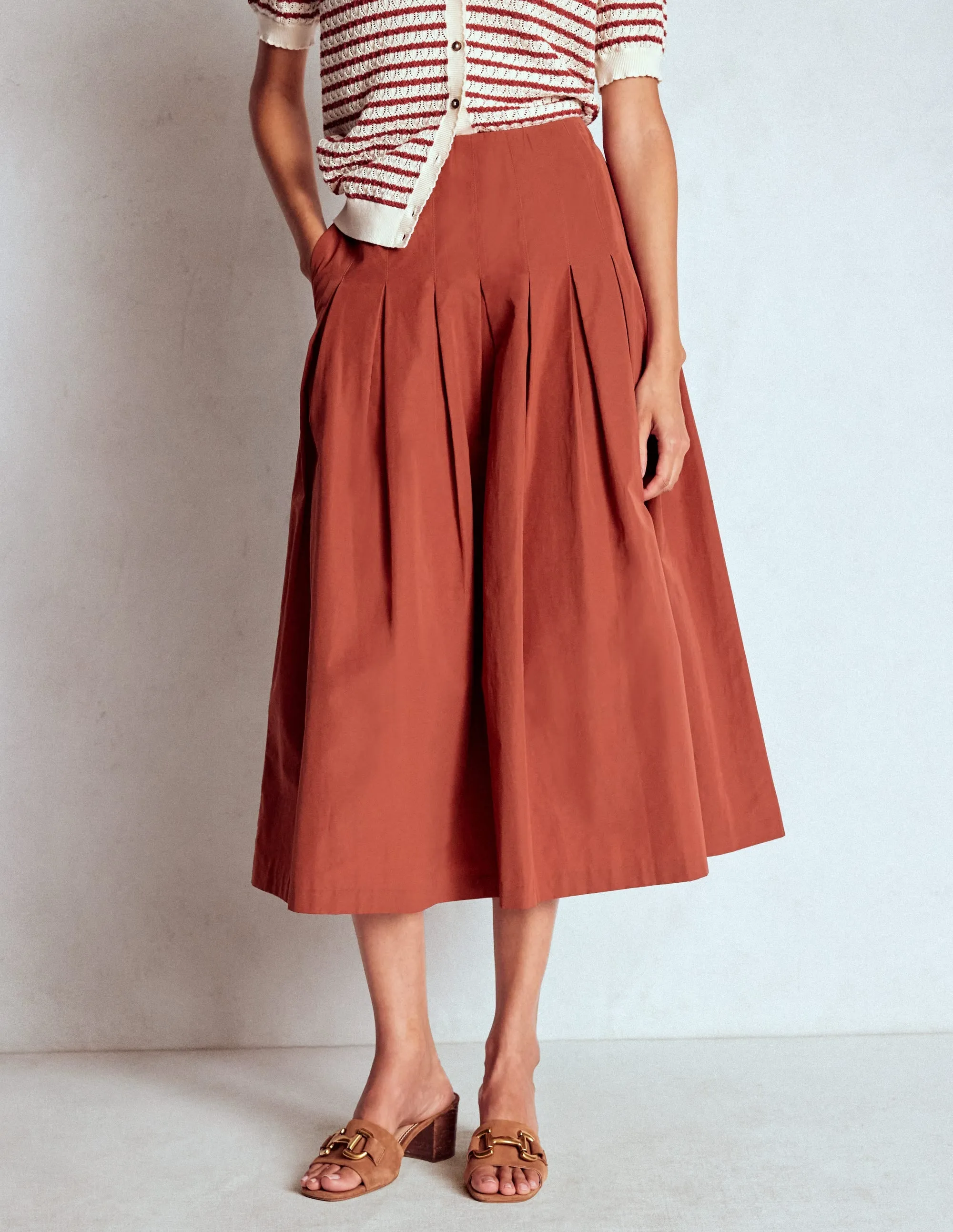 premium fabric Autumn Stroll Valentina Taffeta Midi Skirt-Roasted Chestnut Brown