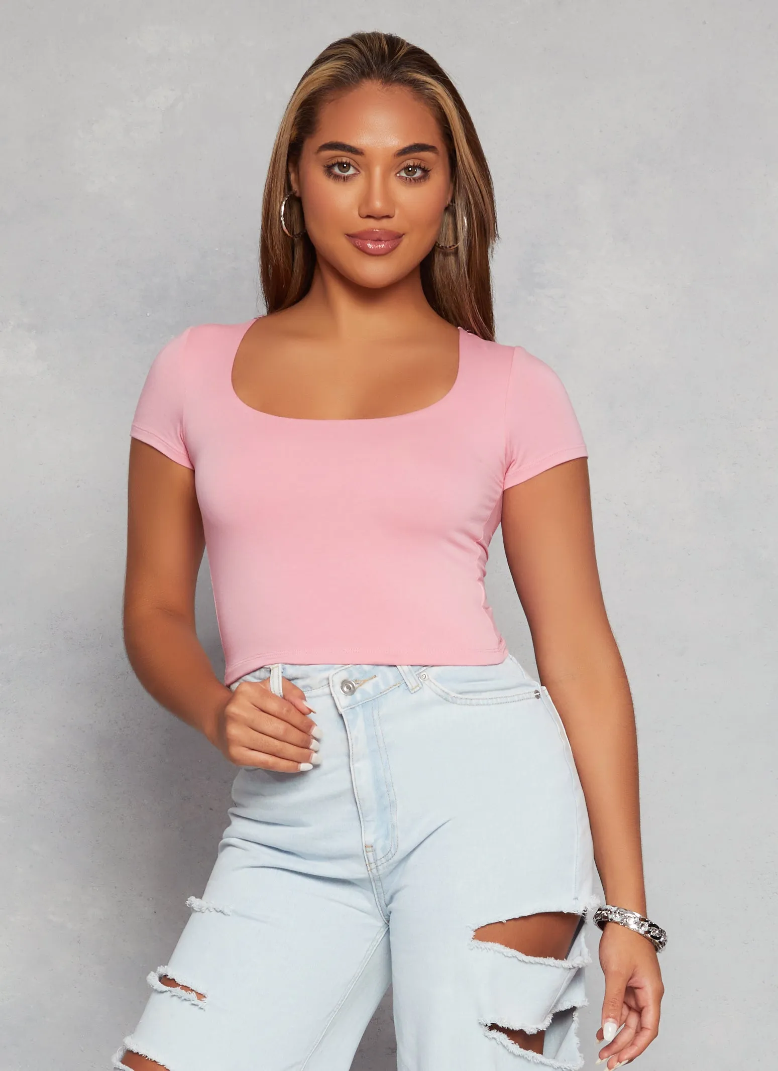 Comfy Layer Wear Basic Scoop Neck Cropped Tee