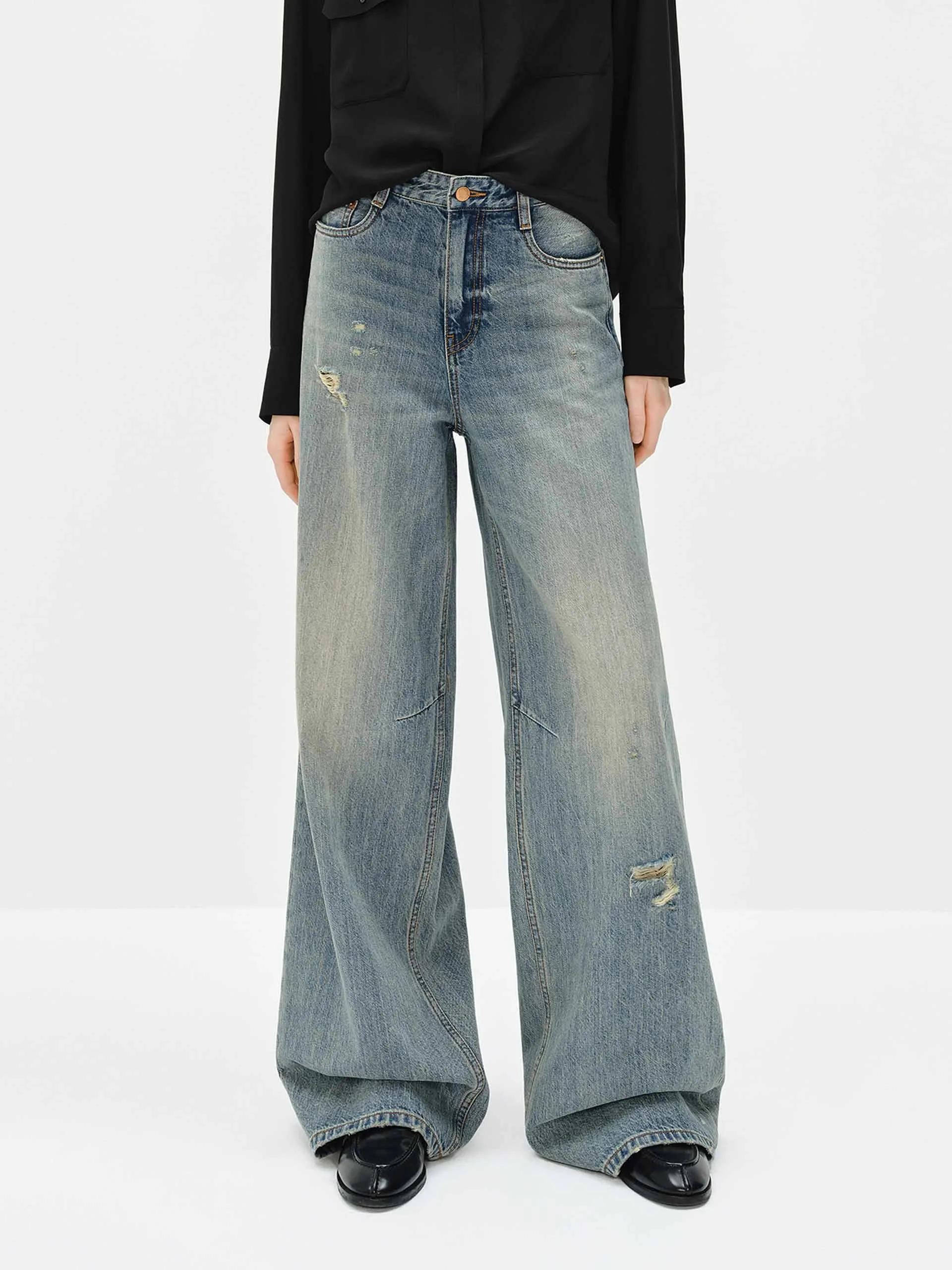 Wide Leg Blue Denim Jeans Light Layers