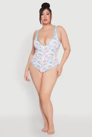 Plus Size Tropical Stamp Print One Piece Swimsuit Soft Touch Lining Ultra Violet Color Retention