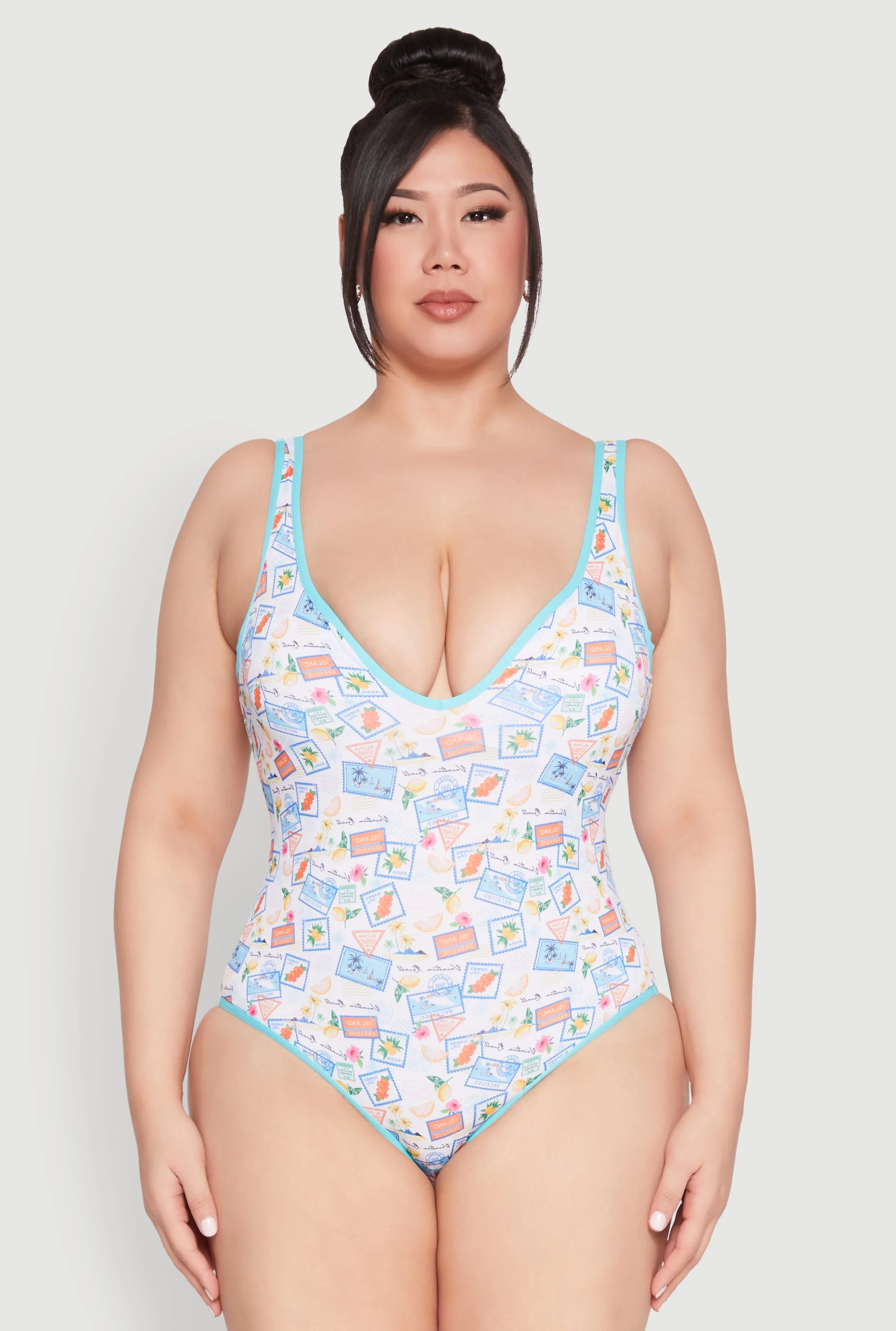 Plus Size Tropical Stamp Print One Piece Swimsuit ribbed texture Ventilated Channel Design