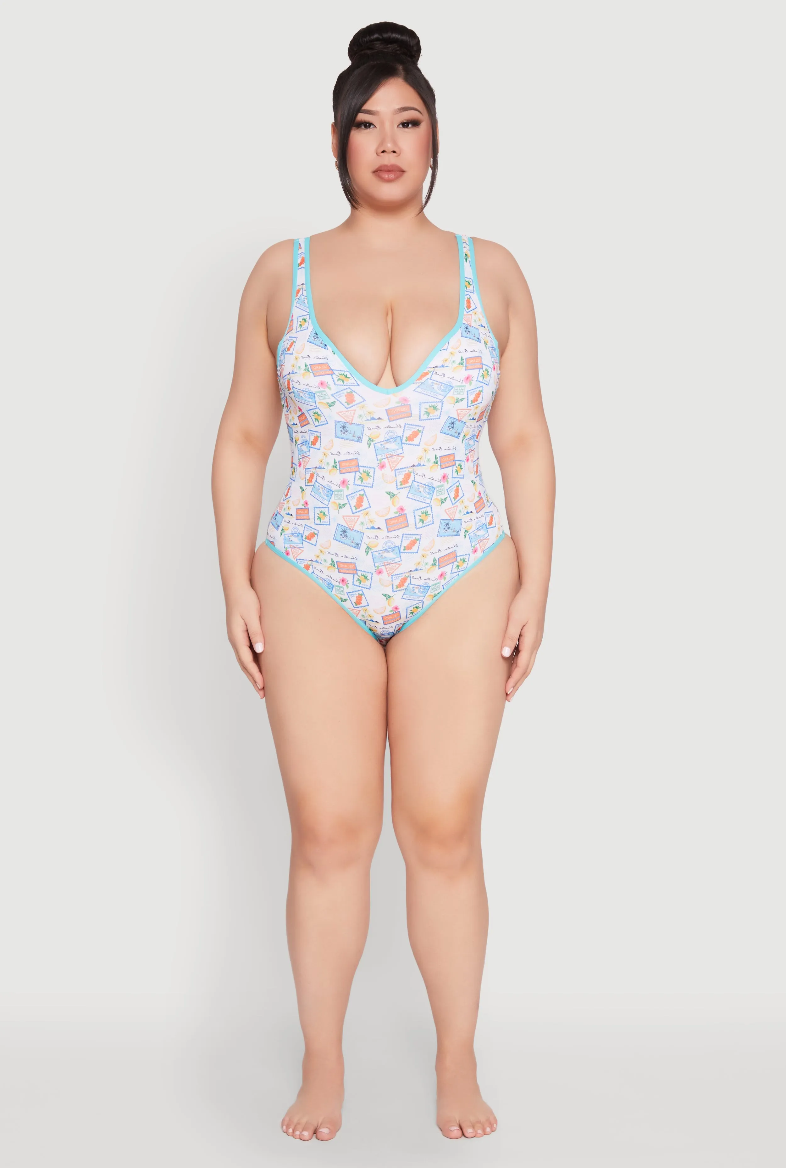 Plus Size Tropical Stamp Print One Piece Swimsuit Stain Resistant Tech