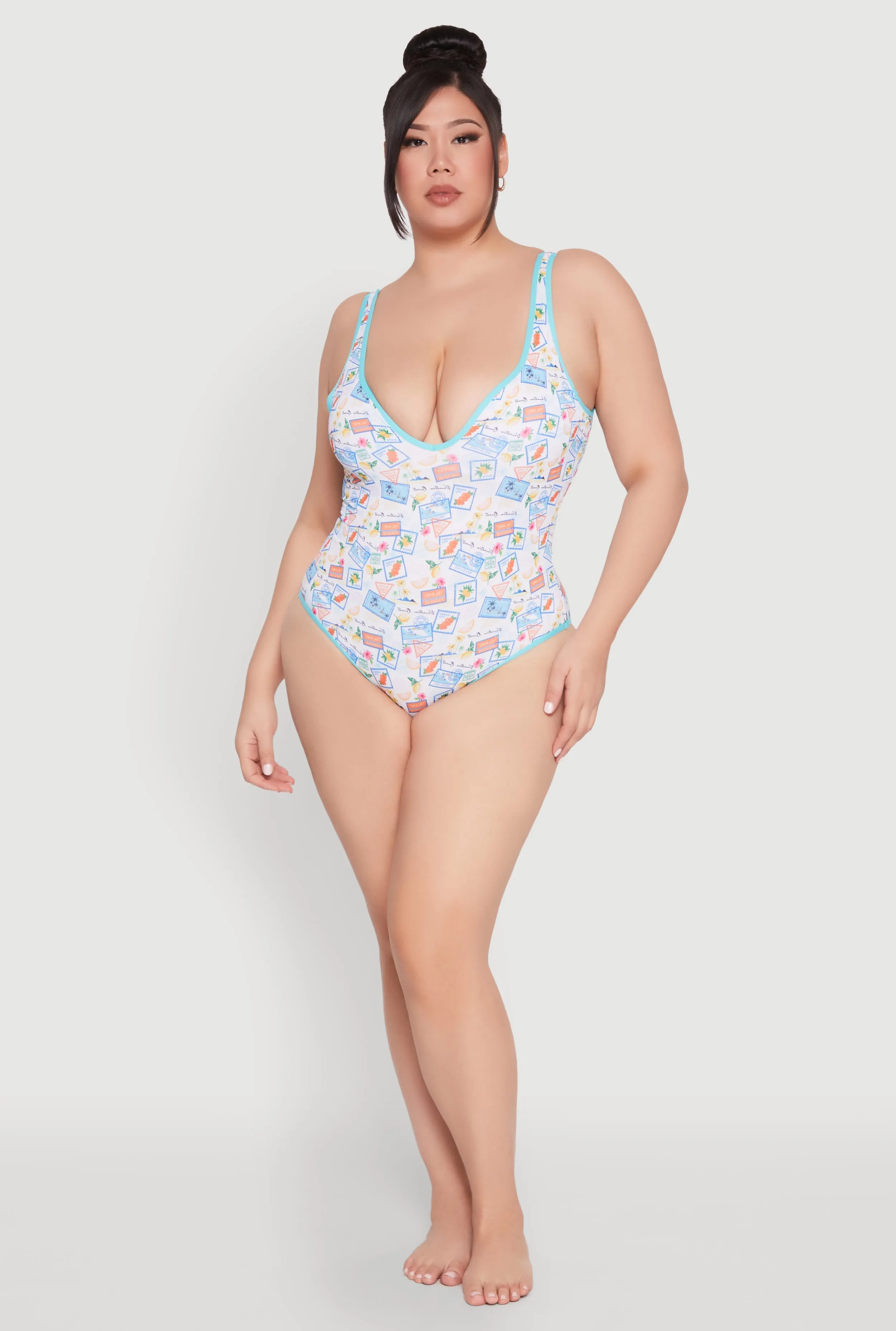 Plus Size Tropical Stamp Print One Piece Swimsuit Soft Touch Lining Ultra Violet Color Retention
