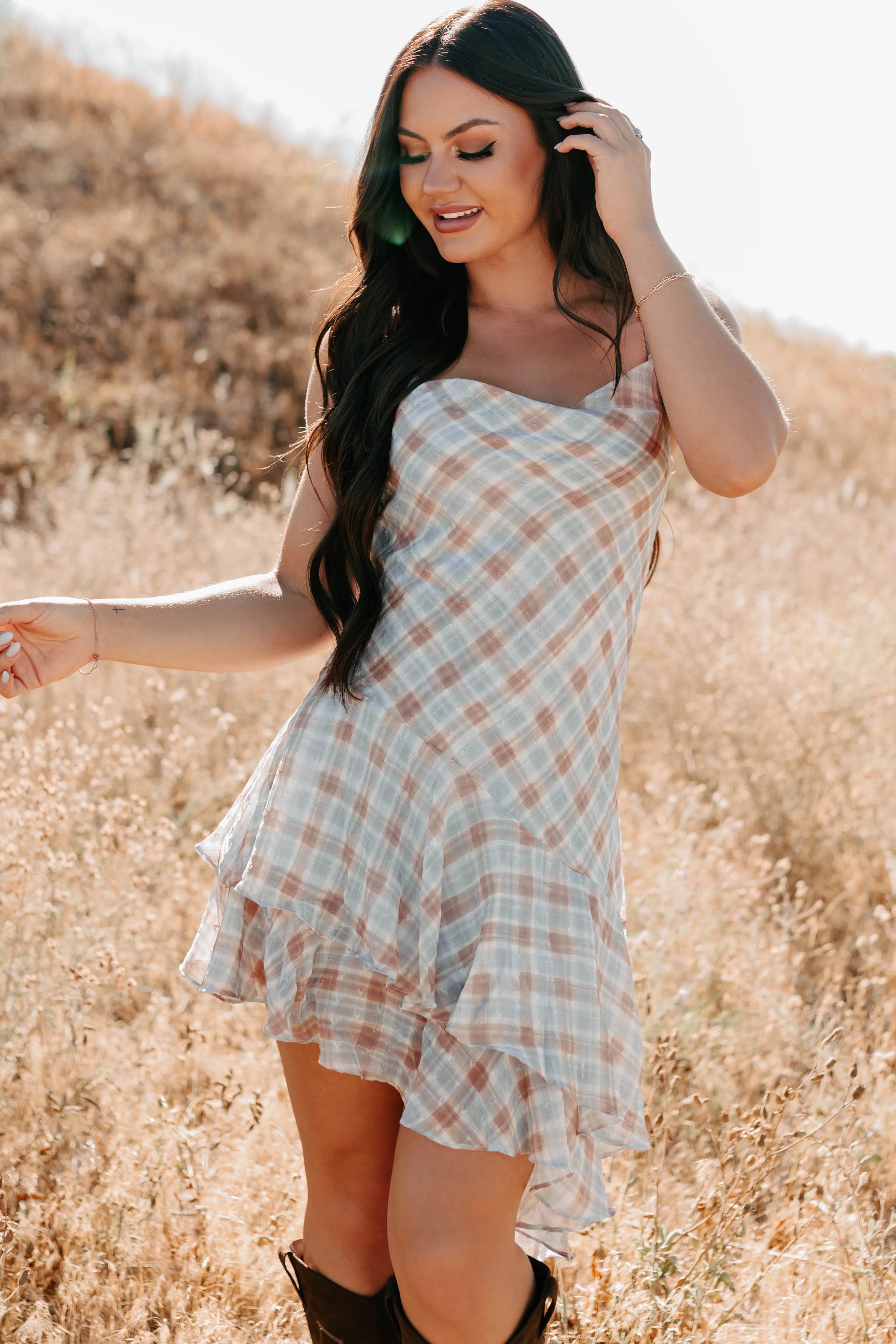 Bamboo Fiber Blend Queening Out Plaid Asymmetrical Mini Dress (Taupe/Grey)