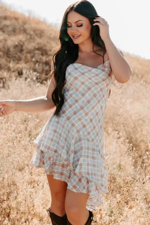 Queening Out Plaid Asymmetrical Mini Dress (Taupe/Grey) Relaxed Contour Fun Edge