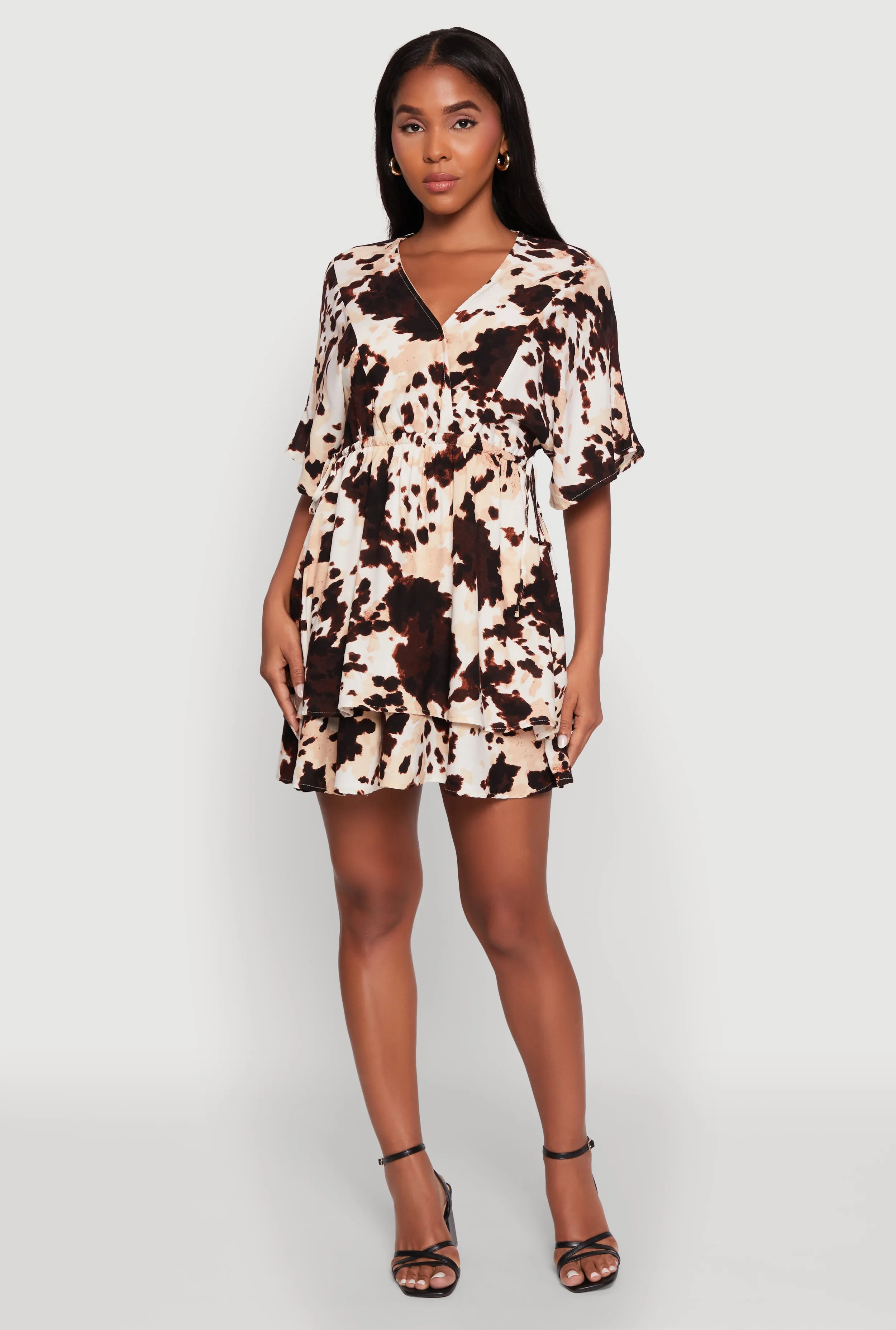 Trendy Printed Tiered Cinched Waist V-Neck Dress Smooth inner lining