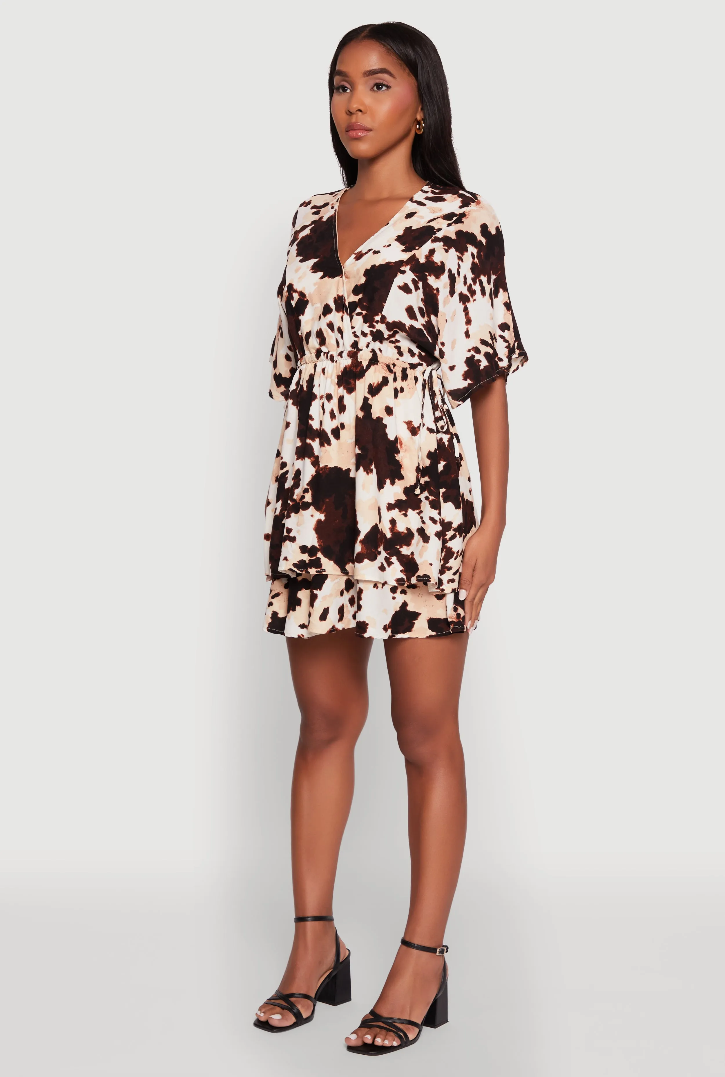 Trend Light Show Skin Trendy Printed Tiered Cinched Waist V-Neck Dress