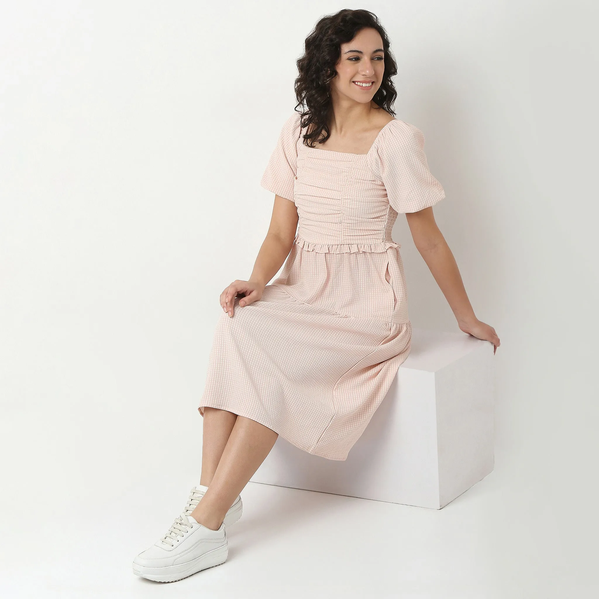 Checkered Knee Length Dress StretchWaistband Cotton Glow