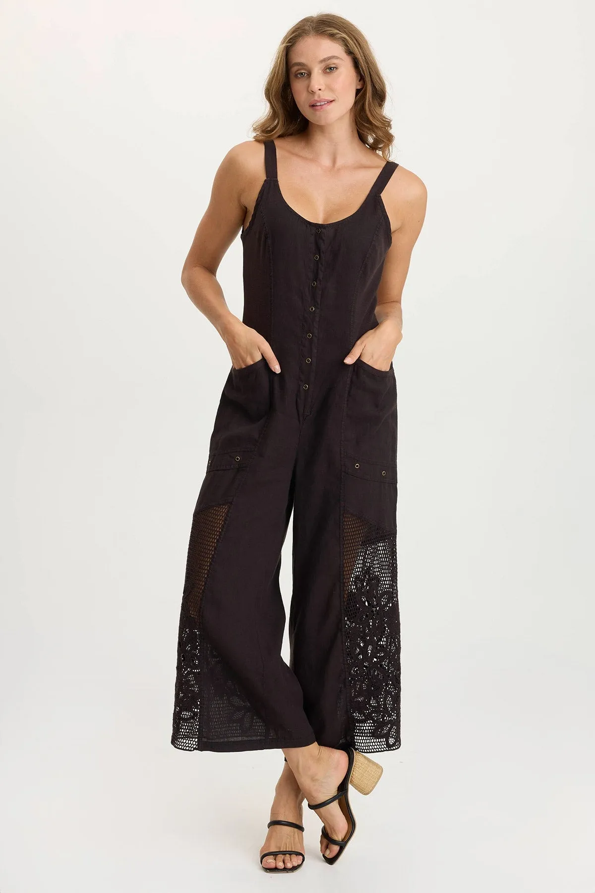 Beauty Glow Nairi Linen/Crochet Mesh Contrast Jumpsuit