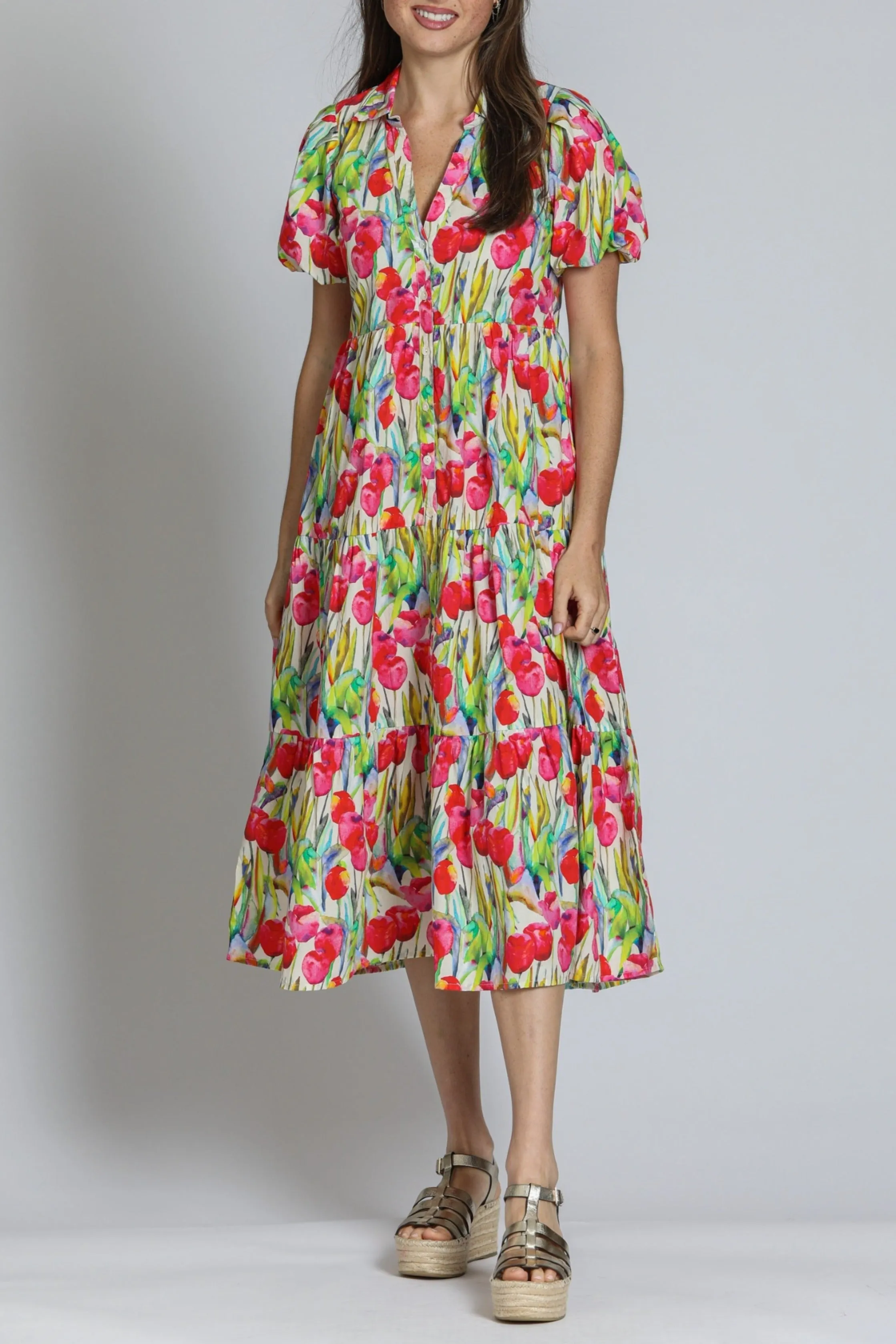WrinkleResistantFabric Tiered Puff Sleeve Shirt Dress