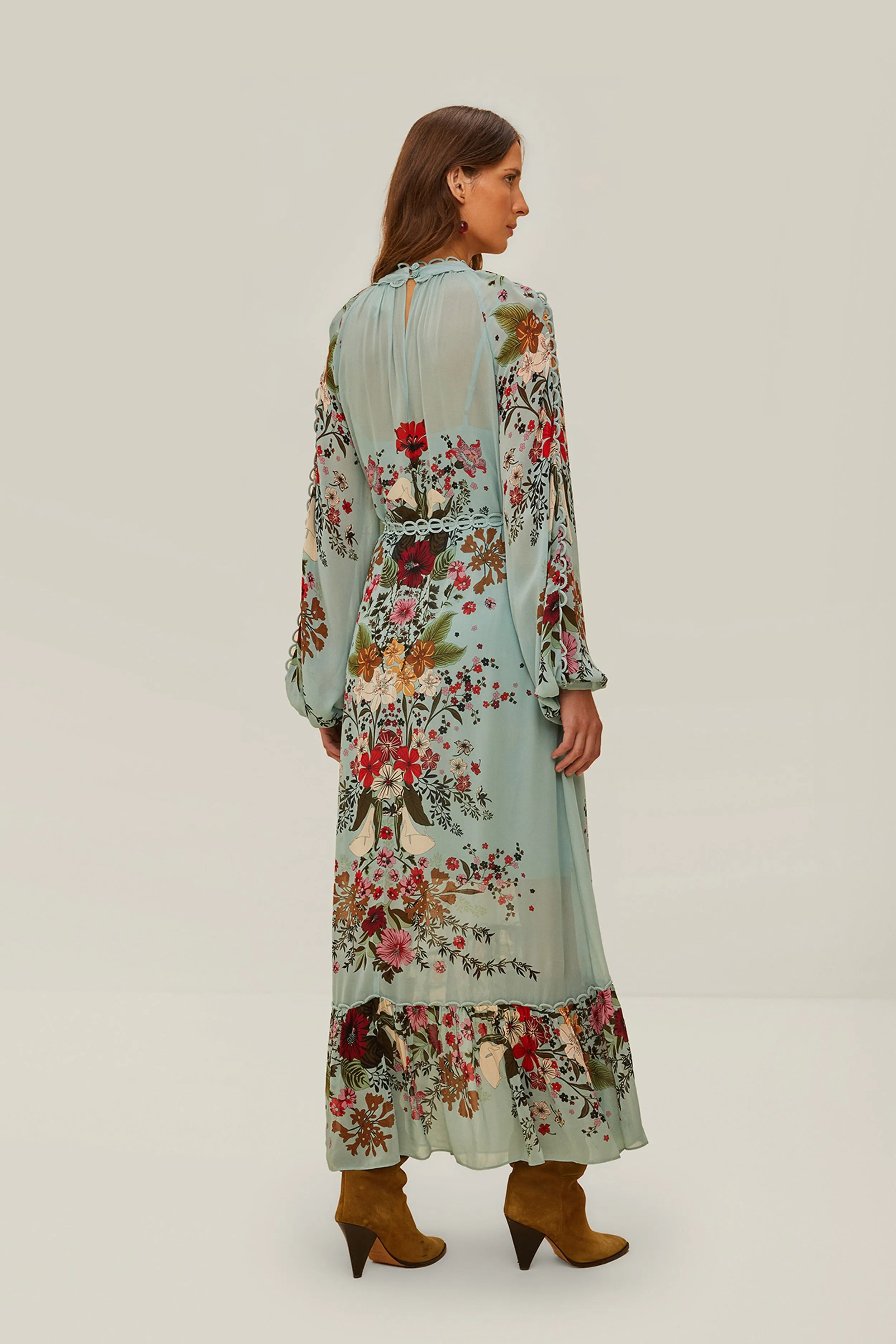 Blue Beauty Bouquet Long Sleeve Maxi Dress Retro Charm