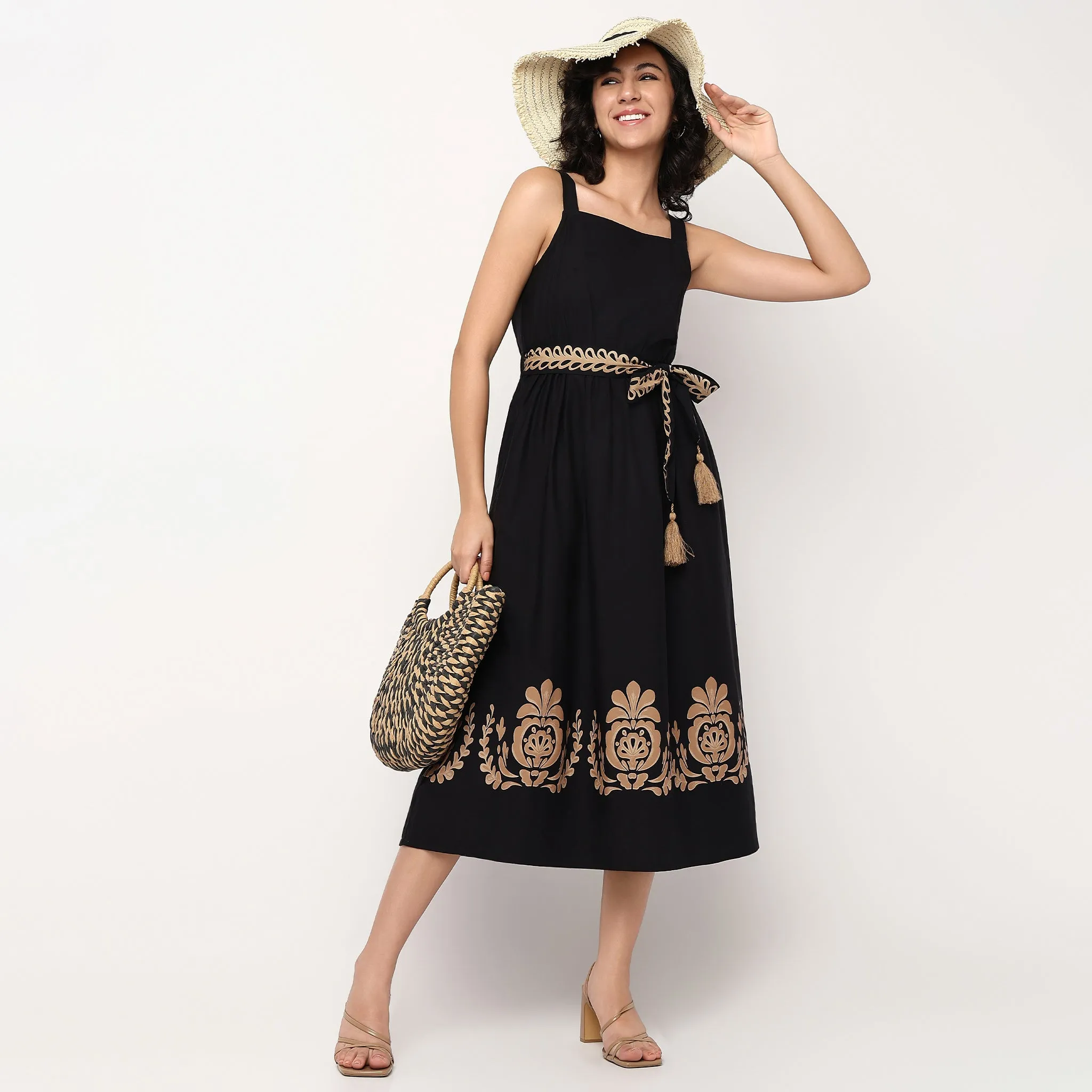 Woven Strapy Flared Printed Dress Work Mix