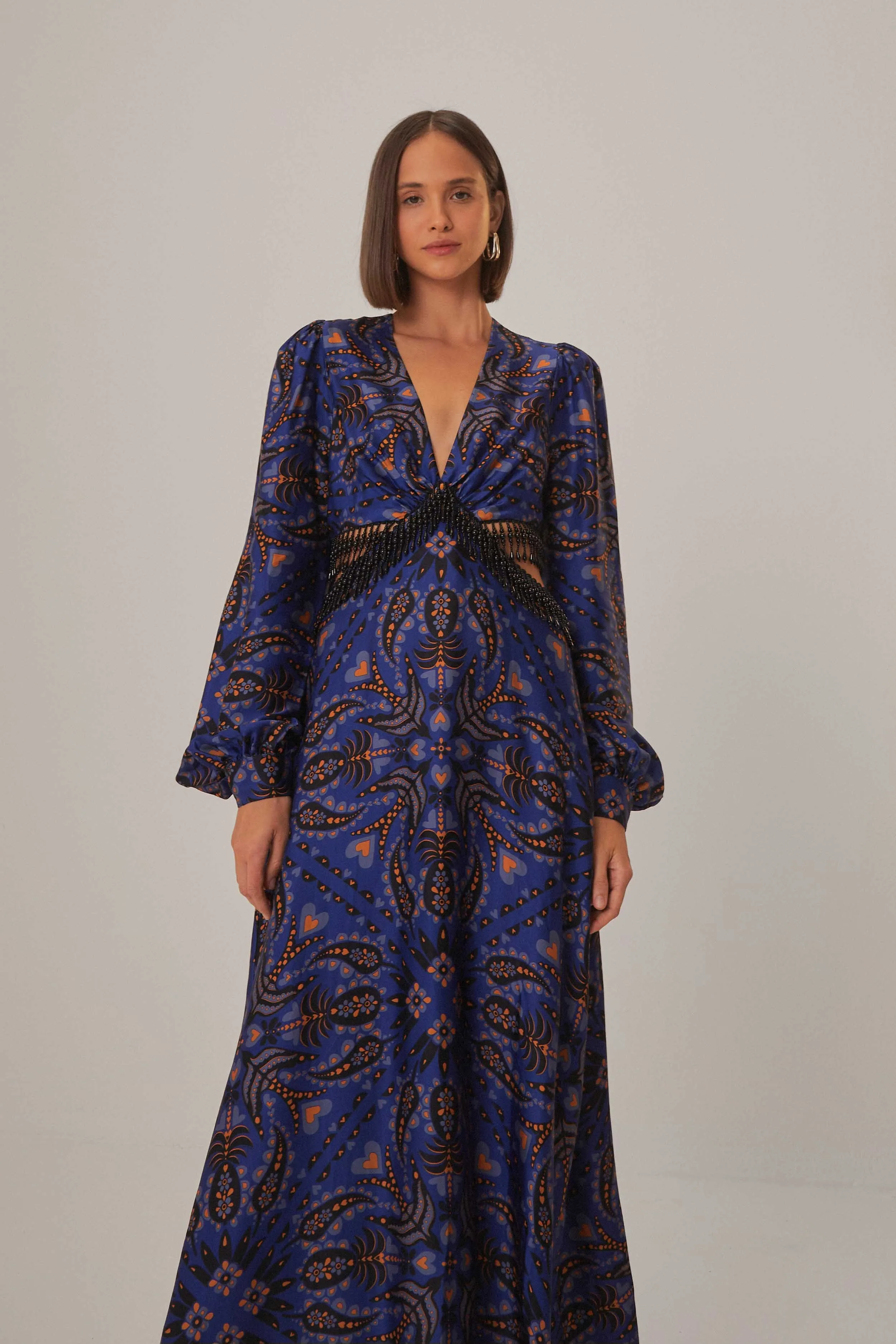 Wheat Field Noon Glow Blue Martina Scarf Cut Out Fringe Maxi Dress
