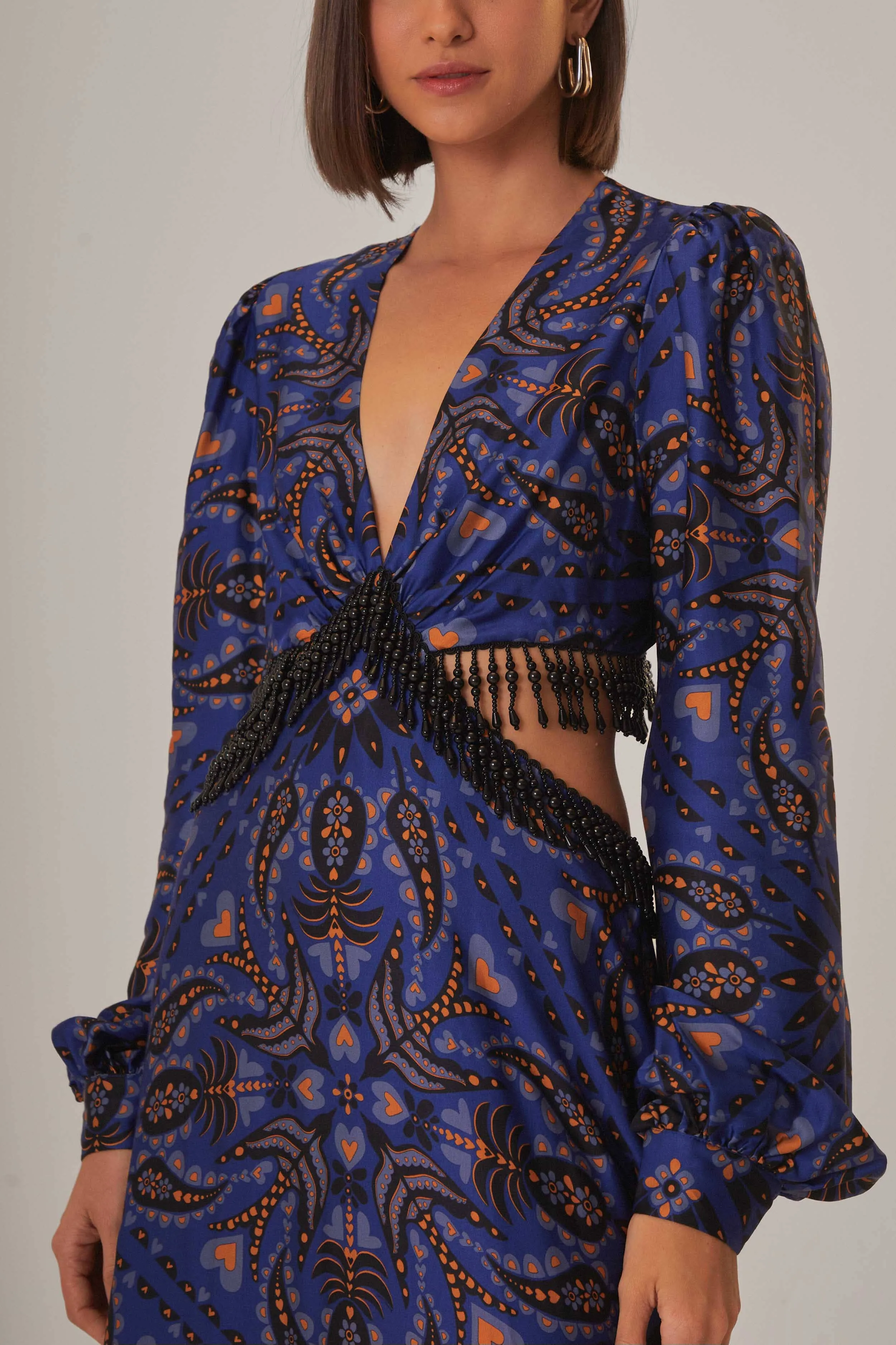 Blue Martina Scarf Cut Out Fringe Maxi Dress Chic Mood