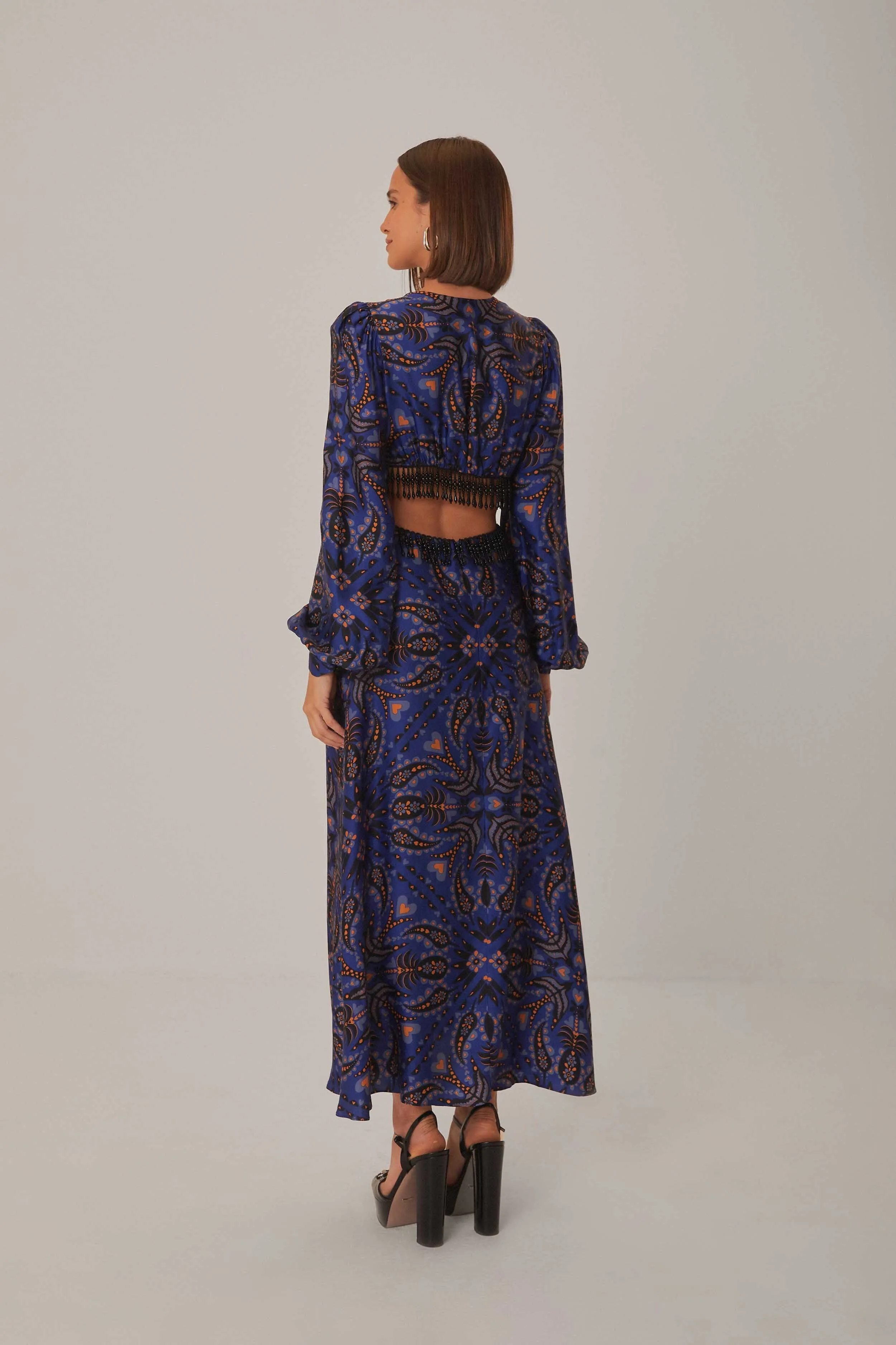 Whether worn for a casual day out or an evening event this maxi dress always looks chic Blush Tone Blue Martina Scarf Cut Out Fringe Maxi Dress