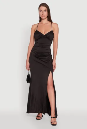 Haute Monde Side Slit Lace Up Back Maxi Dress Stair Glow Lantern Arm