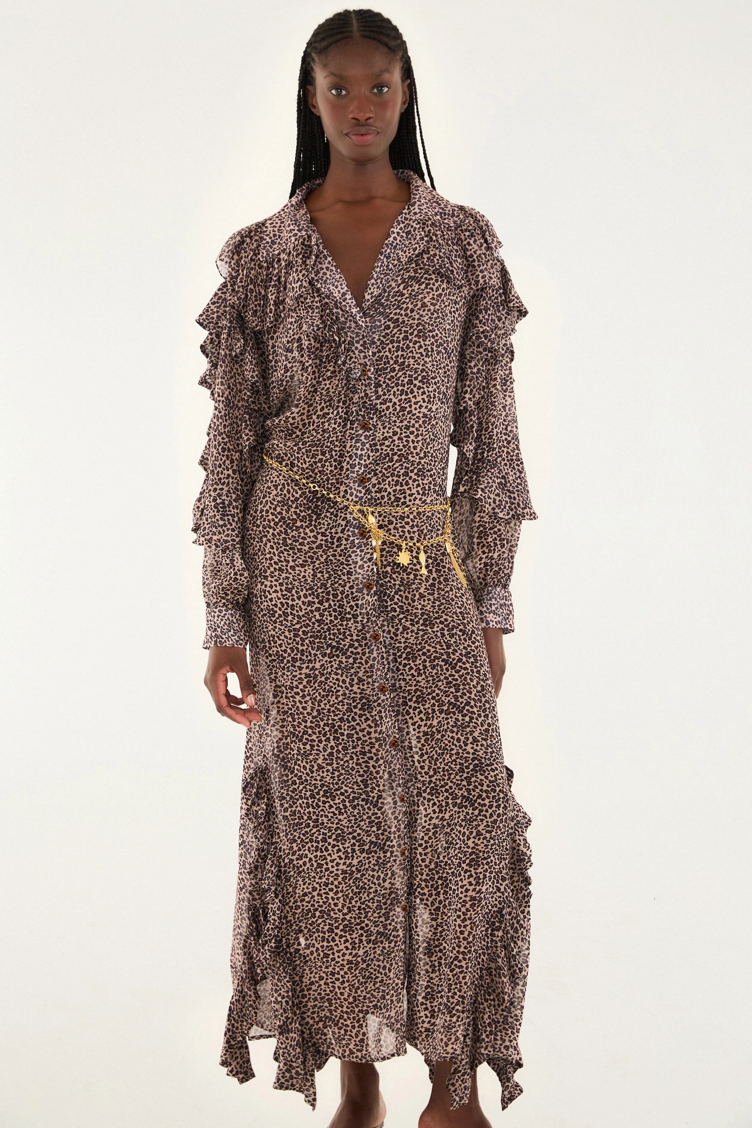 Pink Baby Leopard Long Sleeve Angled Frill Maxi Dress Pleat Glow