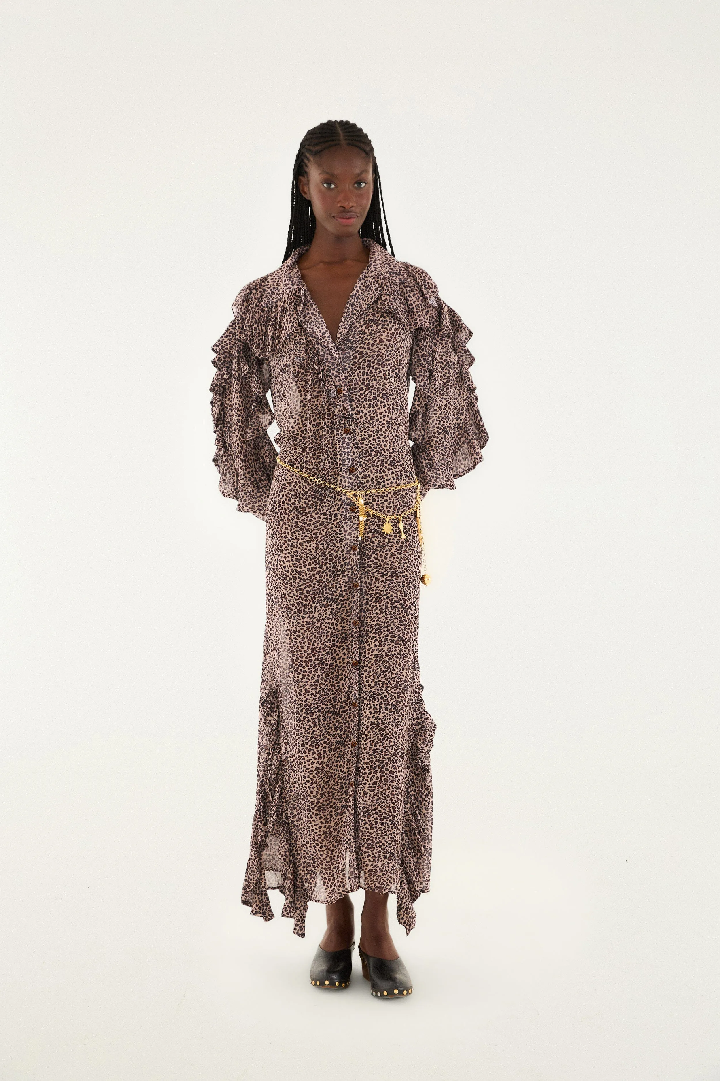 Petal Path Pink Baby Leopard Long Sleeve Angled Frill Maxi Dress
