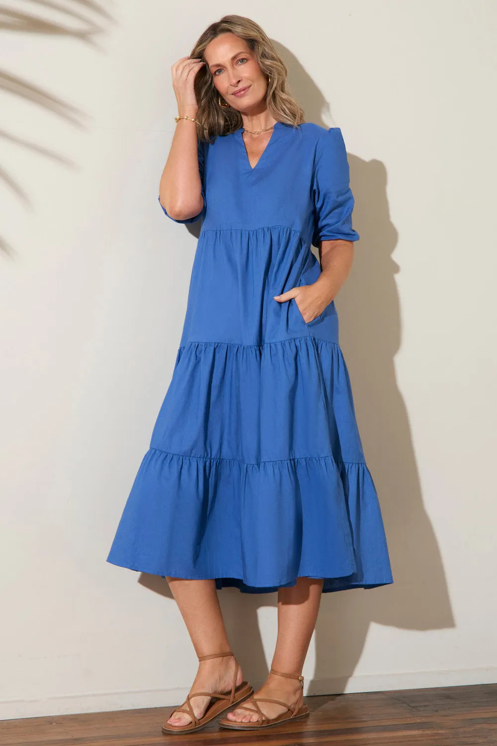 Sabre V-Neck Dress in Yale Blue Rose Glow