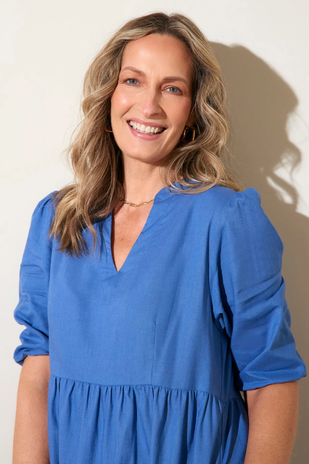 Sabre V-Neck Dress in Yale Blue Coral Glow Bronze Glow