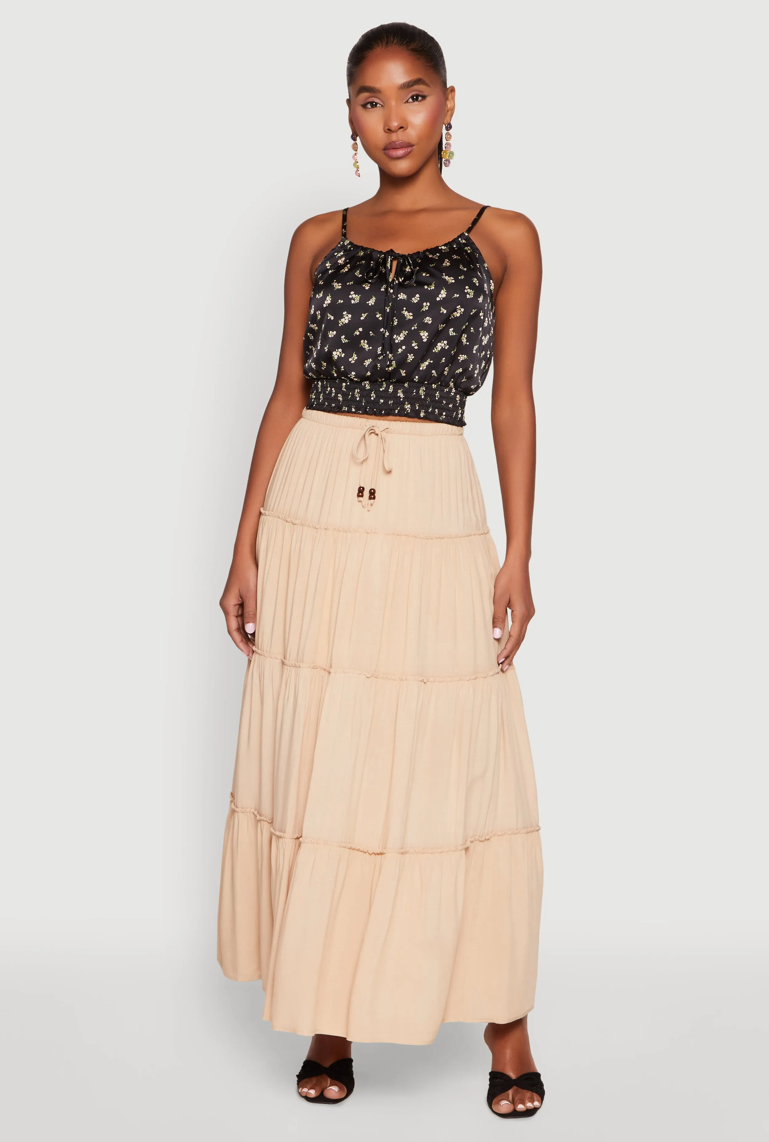 Almost Famous Tiered Maxi Skirt Outfit Details
