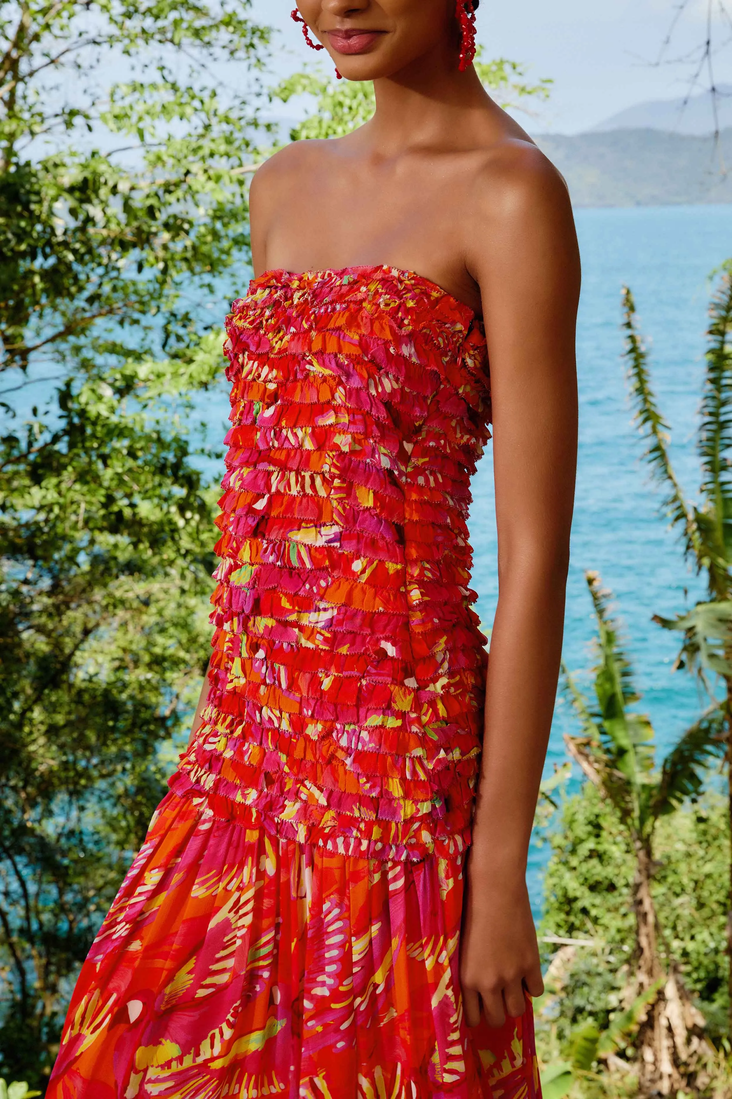 Orange Flying Birds Strapless Midi Dress Lightweight fabric midi