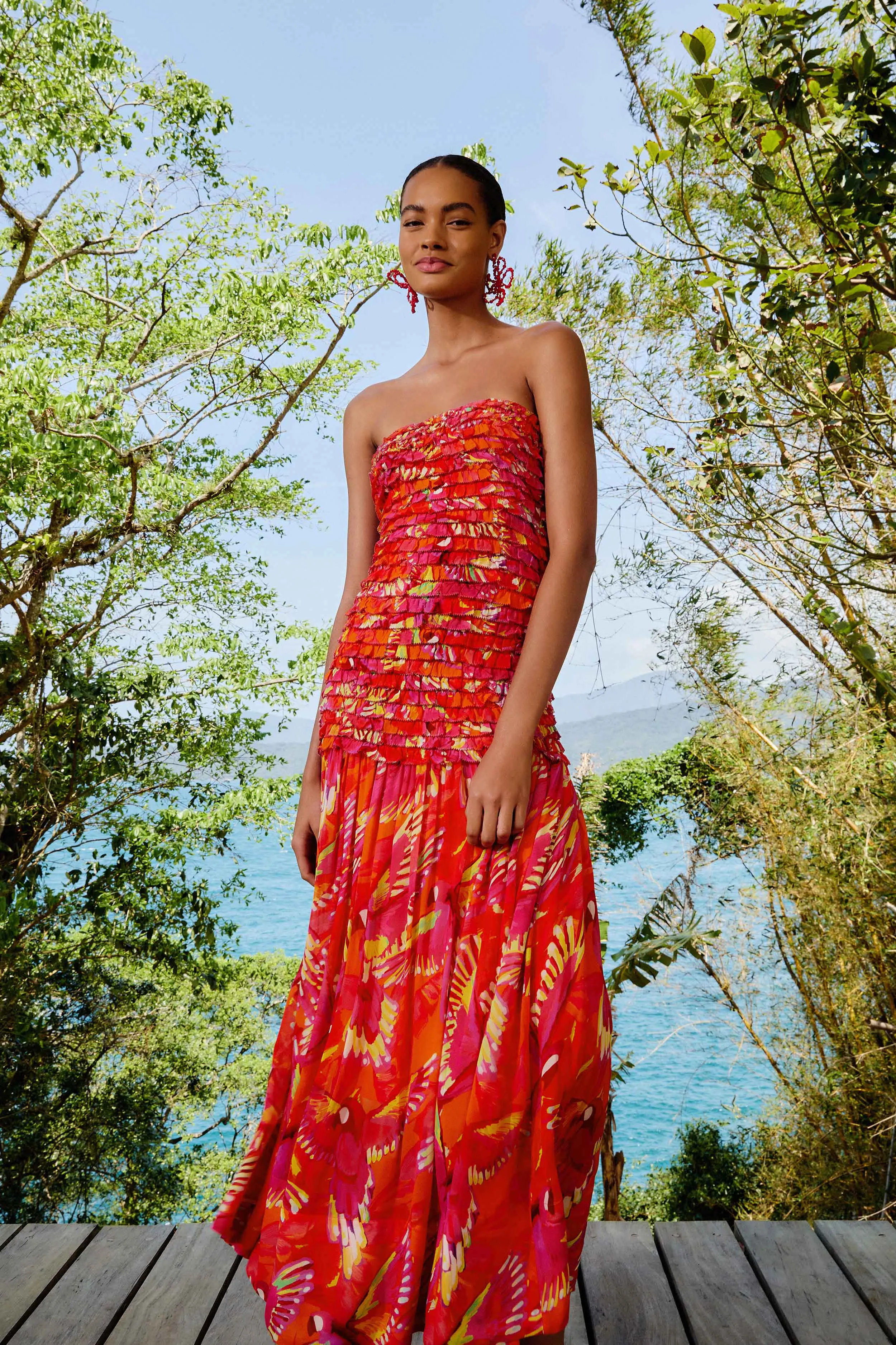 Orange Flying Birds Strapless Midi Dress Shell Path
