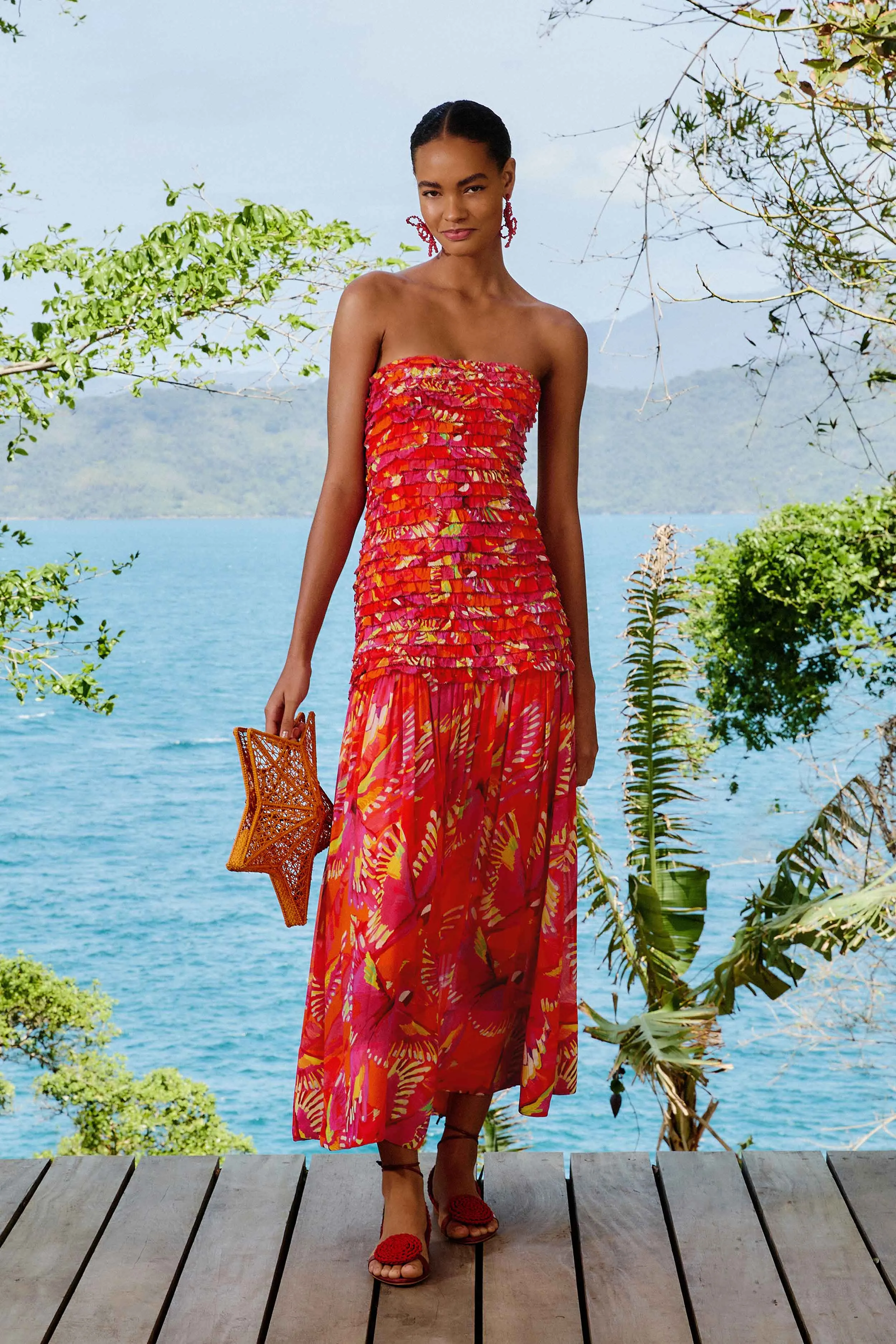 Feminine casual piece Elegant Attire Orange Flying Birds Strapless Midi Dress