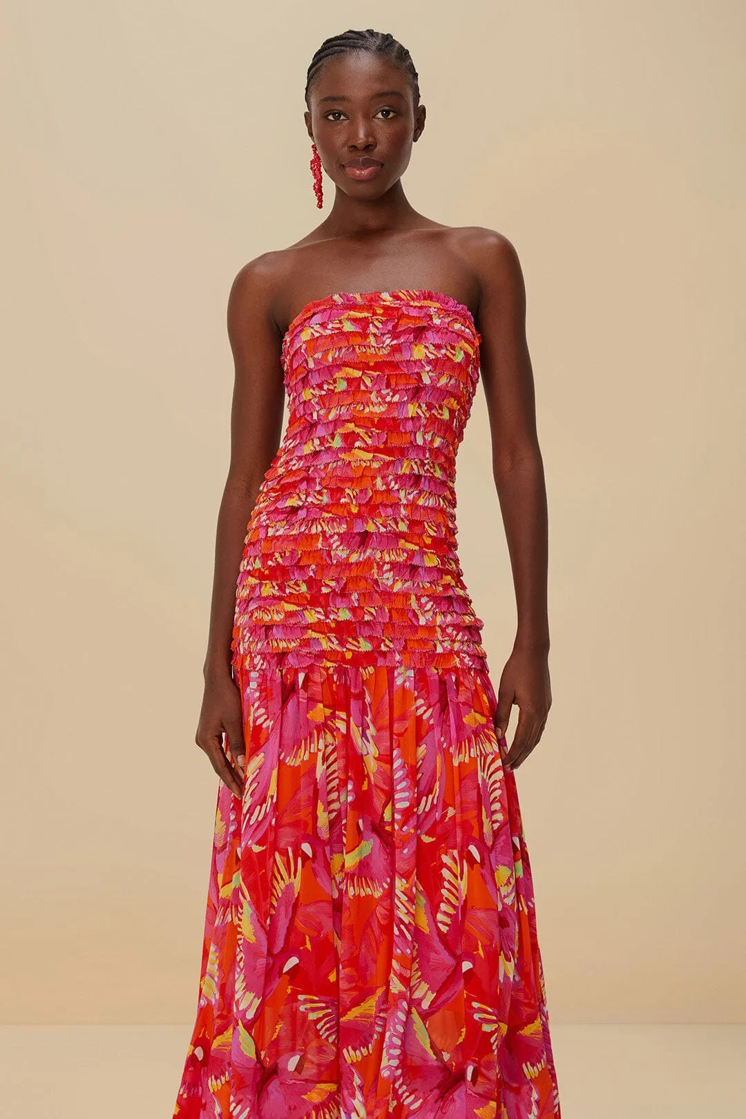 Smart Chic Style Coral Glow Orange Flying Birds Strapless Midi Dress