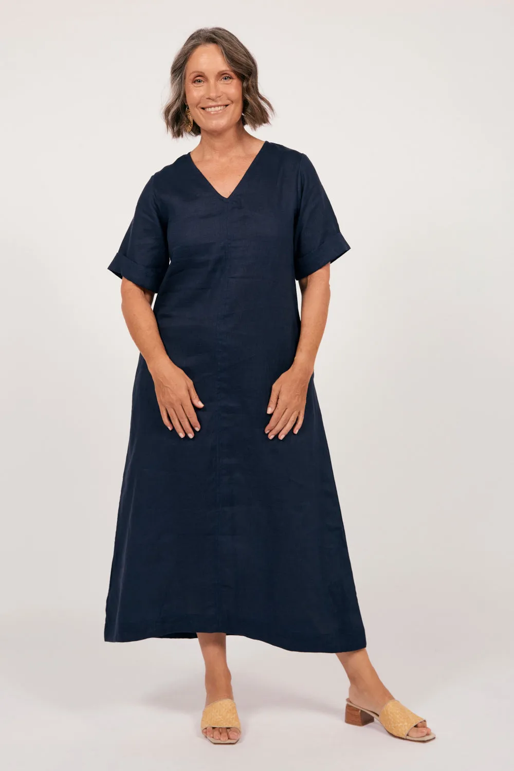 Sheer Layer Tamara Linen V-Neck Dress in Navy