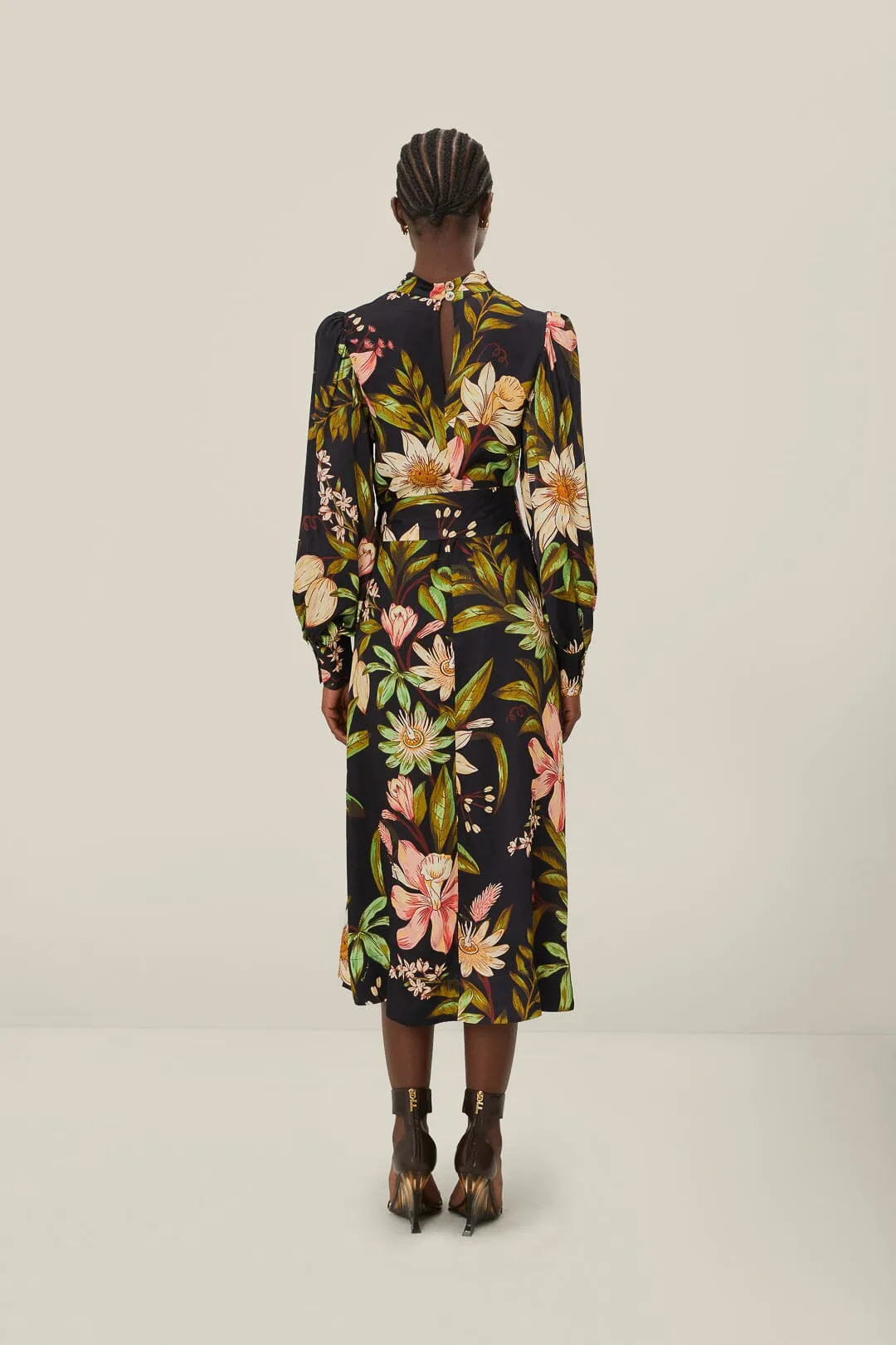 Black Surreal Flowers High Neck Midi Dress Bohemian-inspired midi