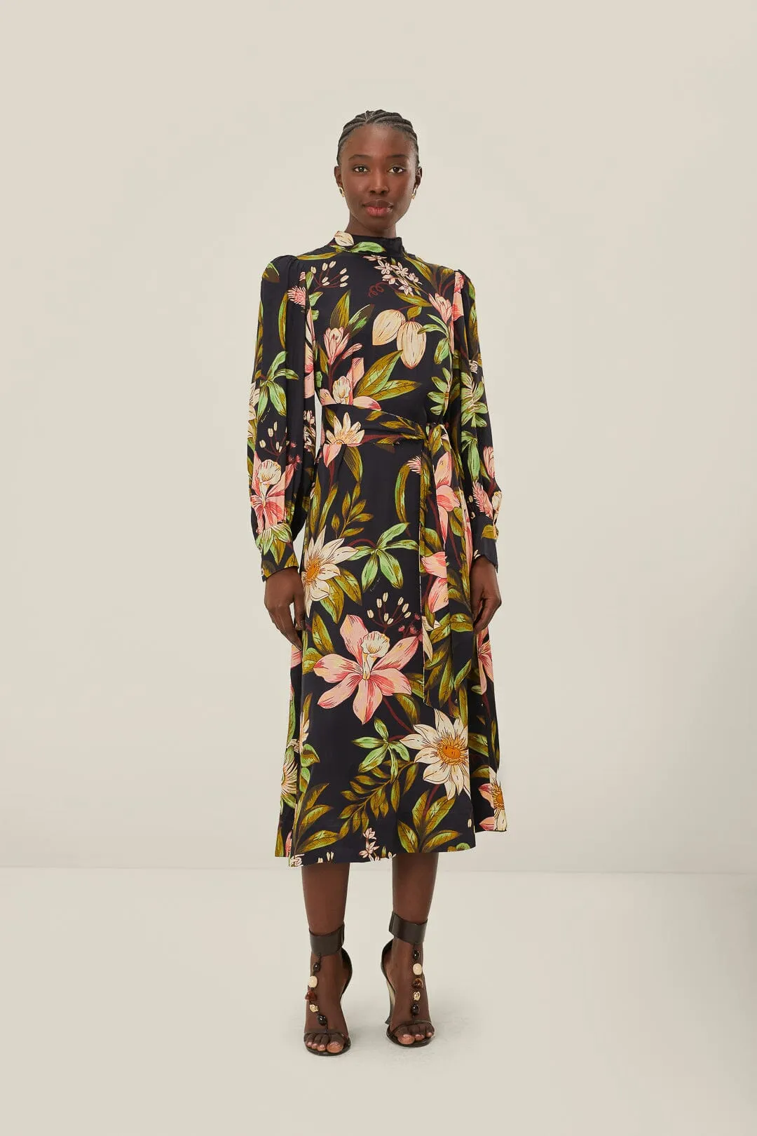 Velvet Smooth Brass Light Black Surreal Flowers High Neck Midi Dress