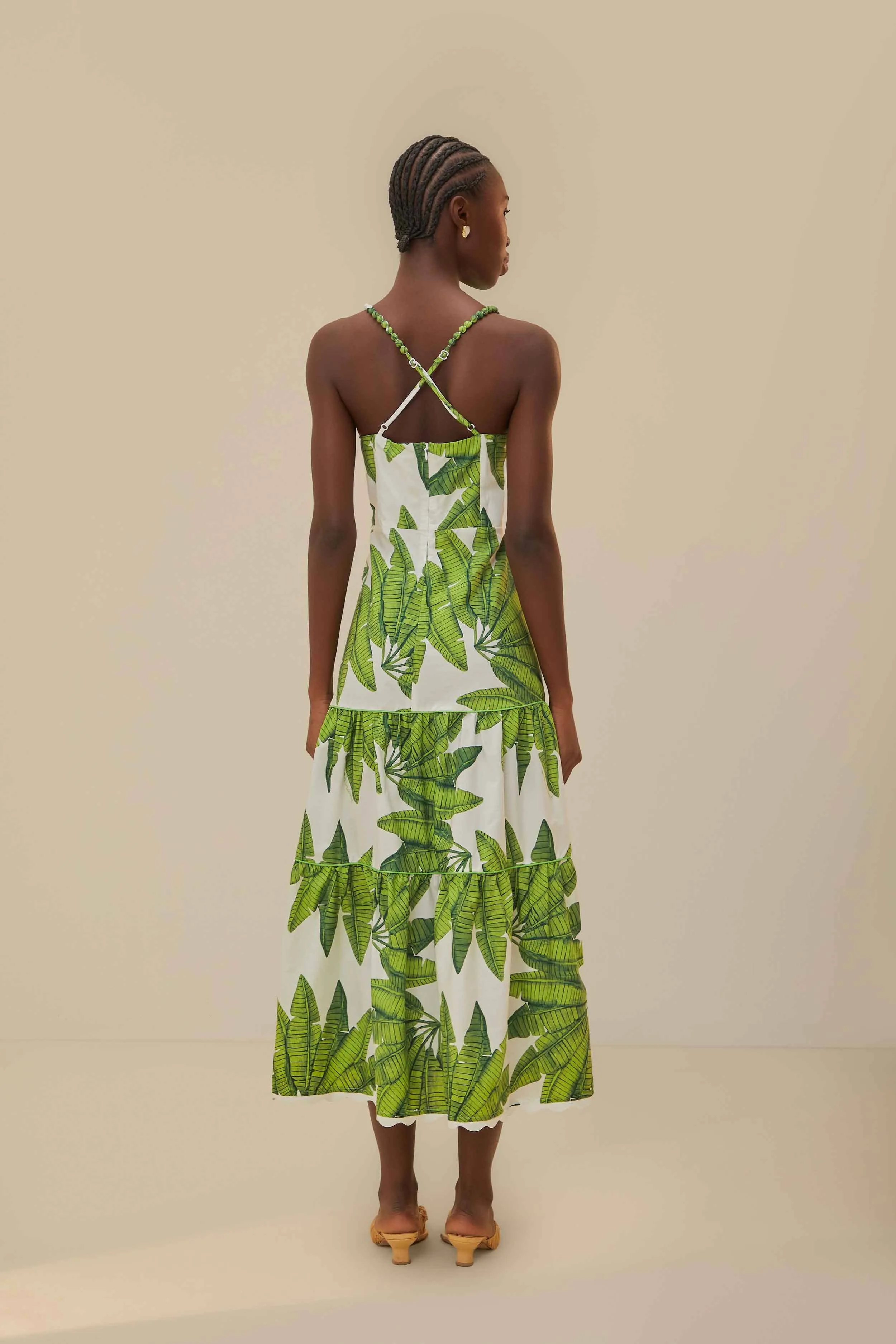 Easy Match Chic Appearance Off-White Palm Fan Midi Dress