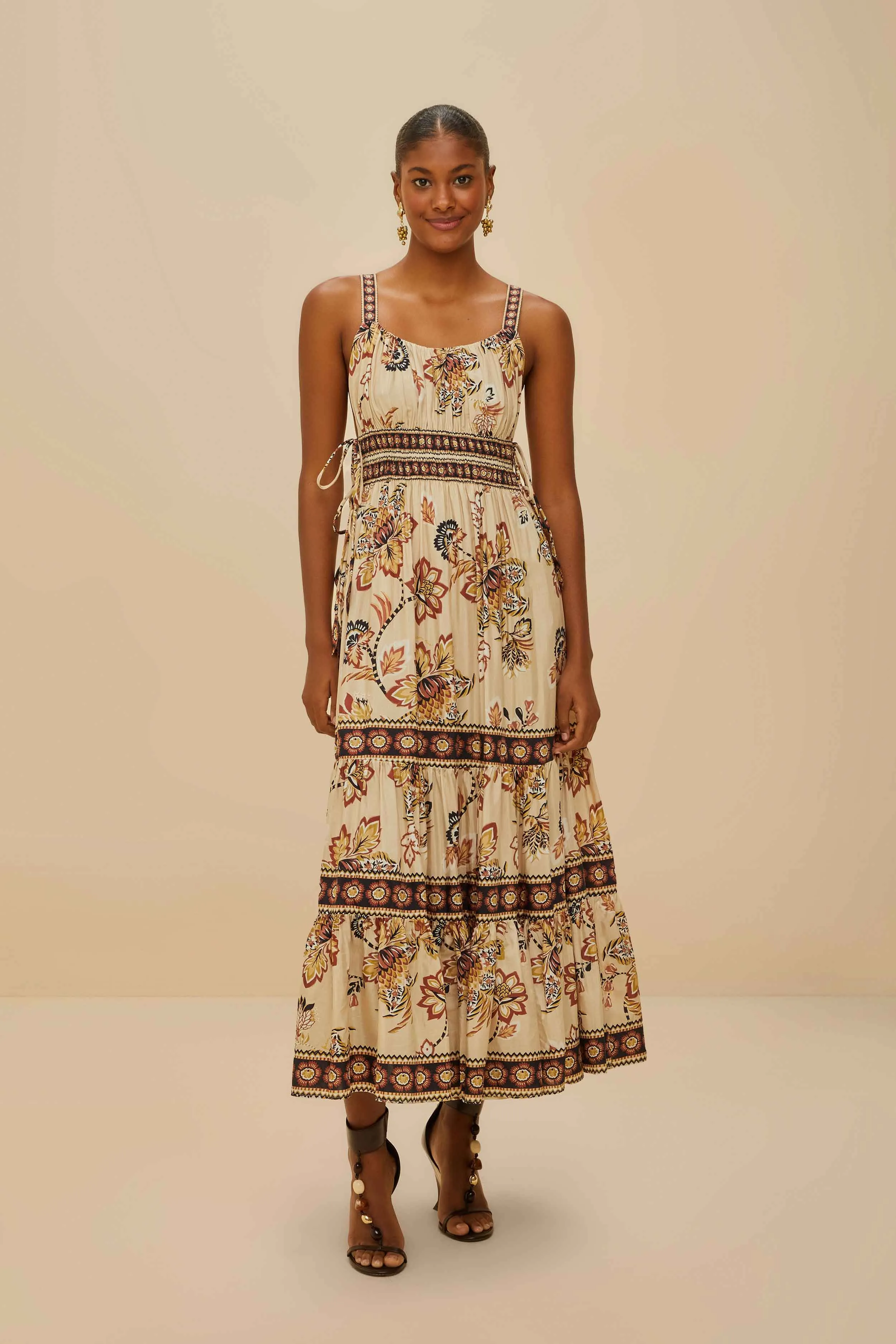 Walk Friendly Timeless Comfort Sand Aura Floral Sleeveless Midi Dress