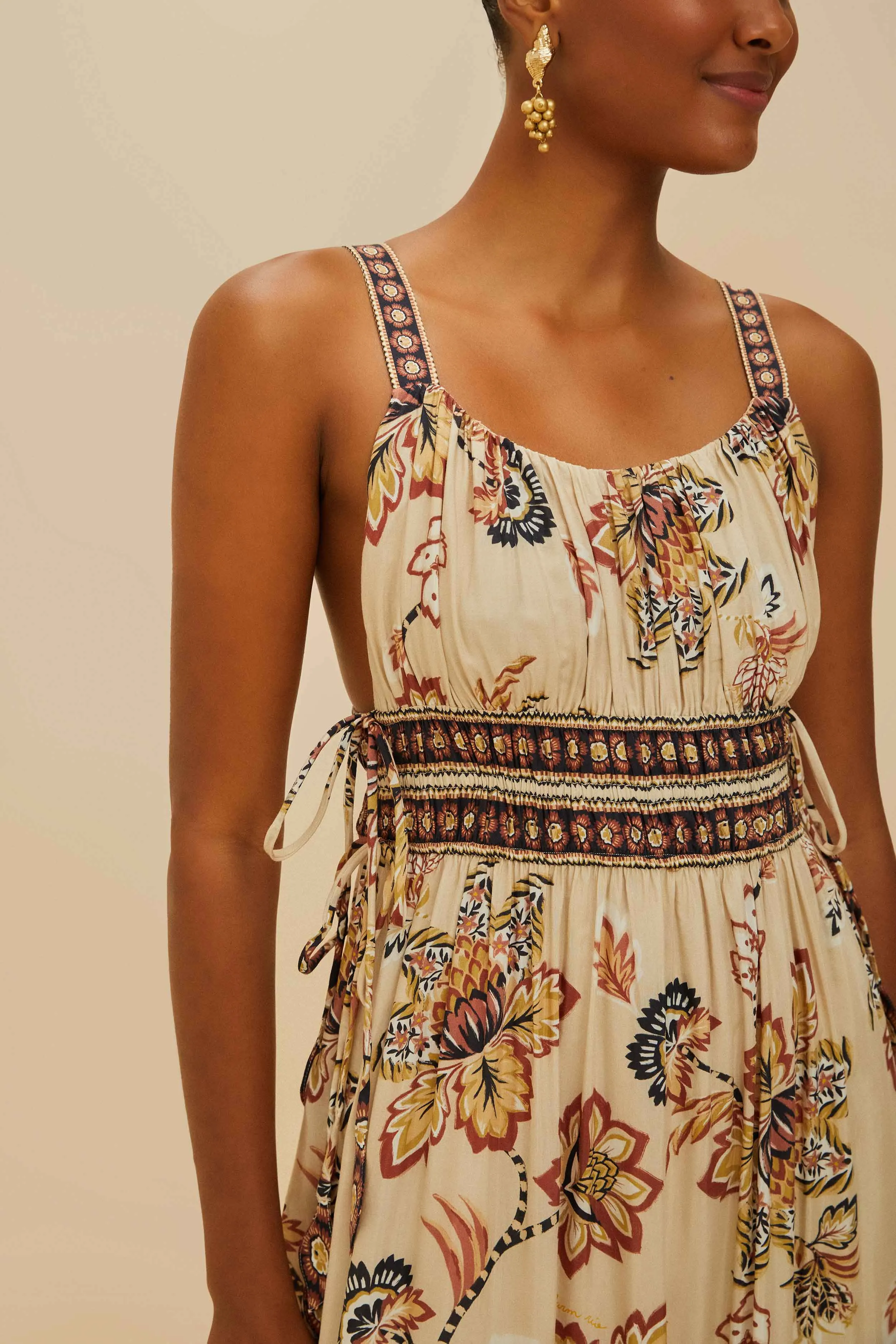 Sand Aura Floral Sleeveless Midi Dress Relaxed Look Taxi Line