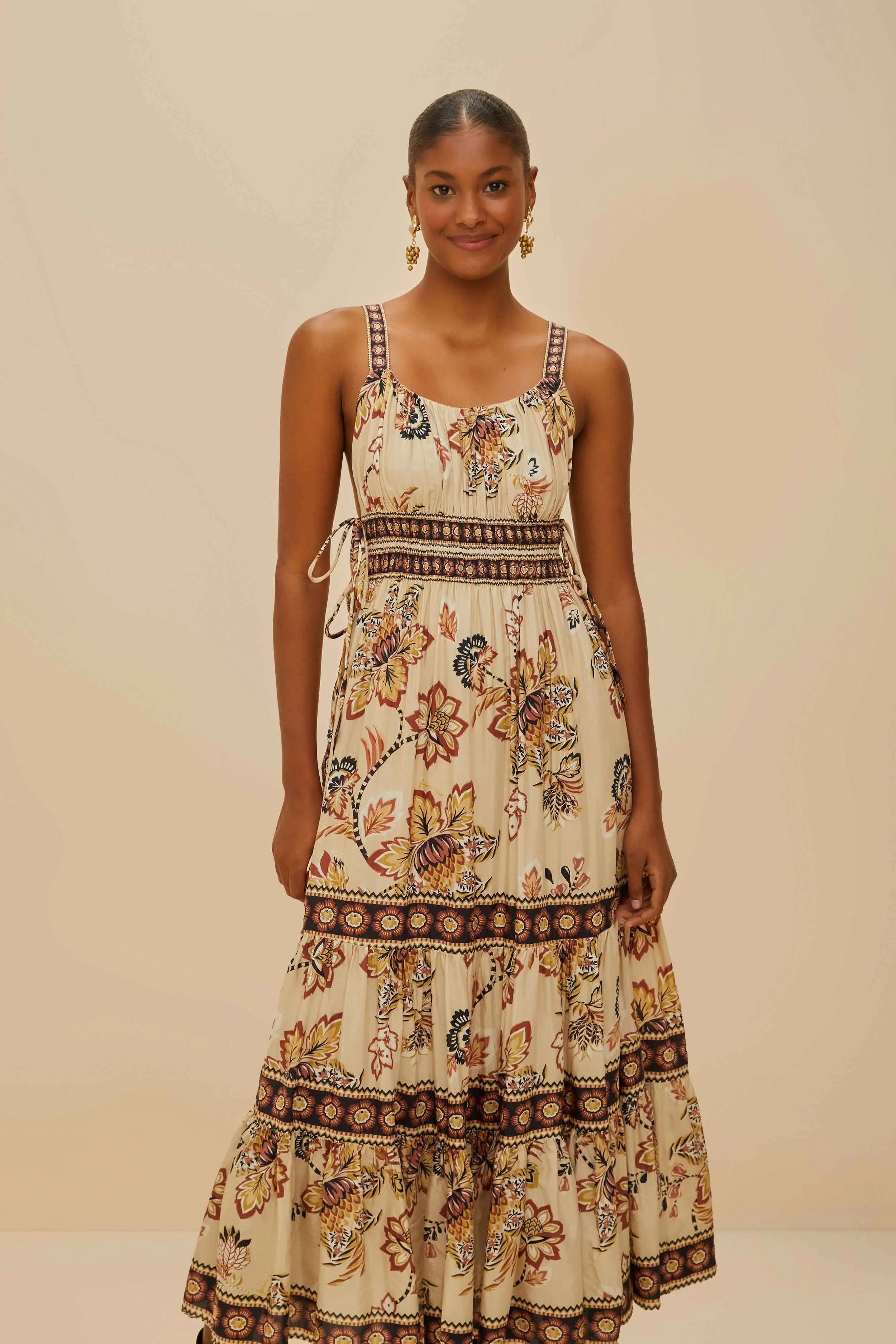Rain Path Grand Entry Sand Aura Floral Sleeveless Midi Dress