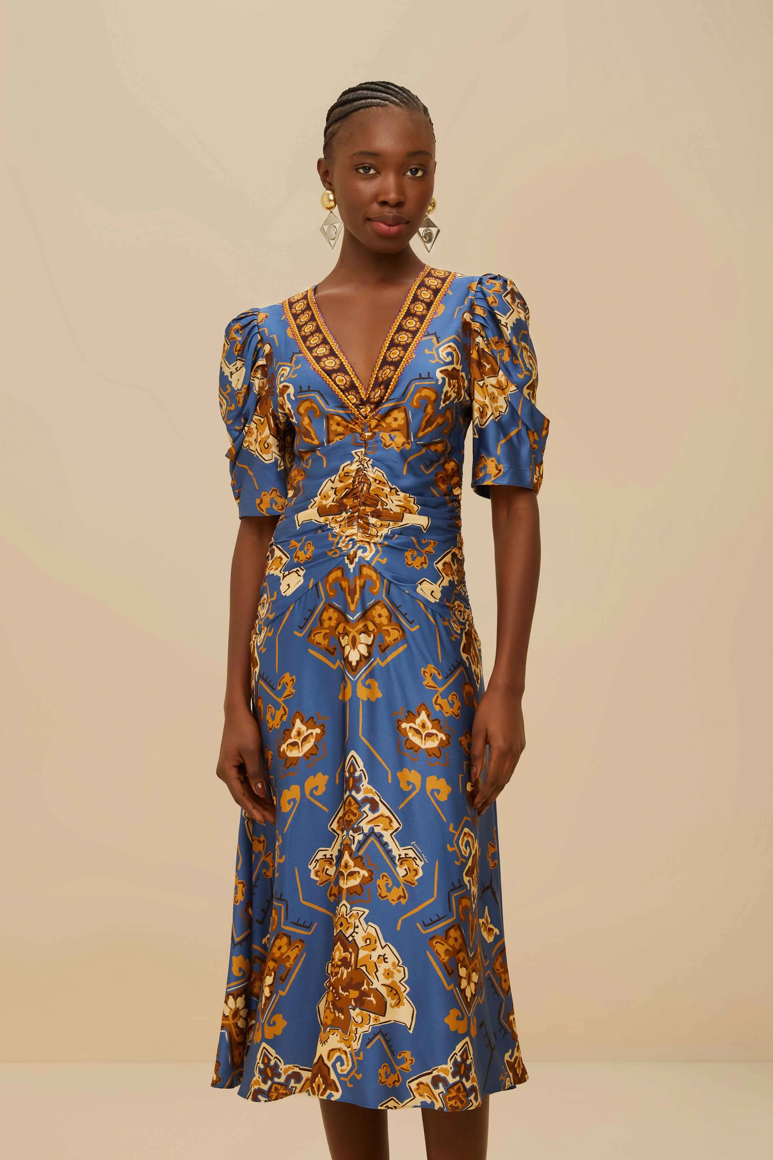 Blue Ornament Floral Midi Dress Chic Choices