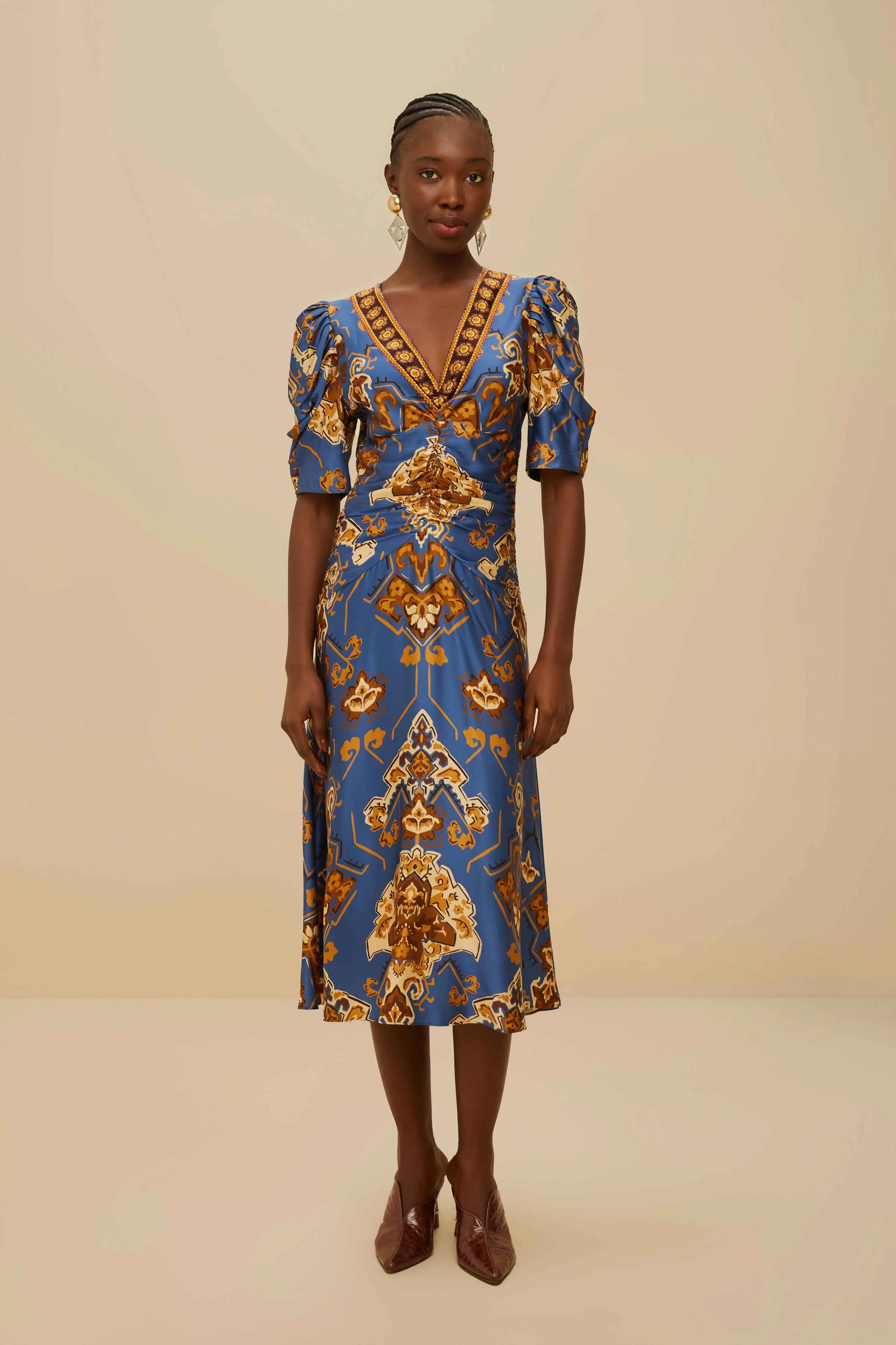 Chic Outfit Blue Ornament Floral Midi Dress