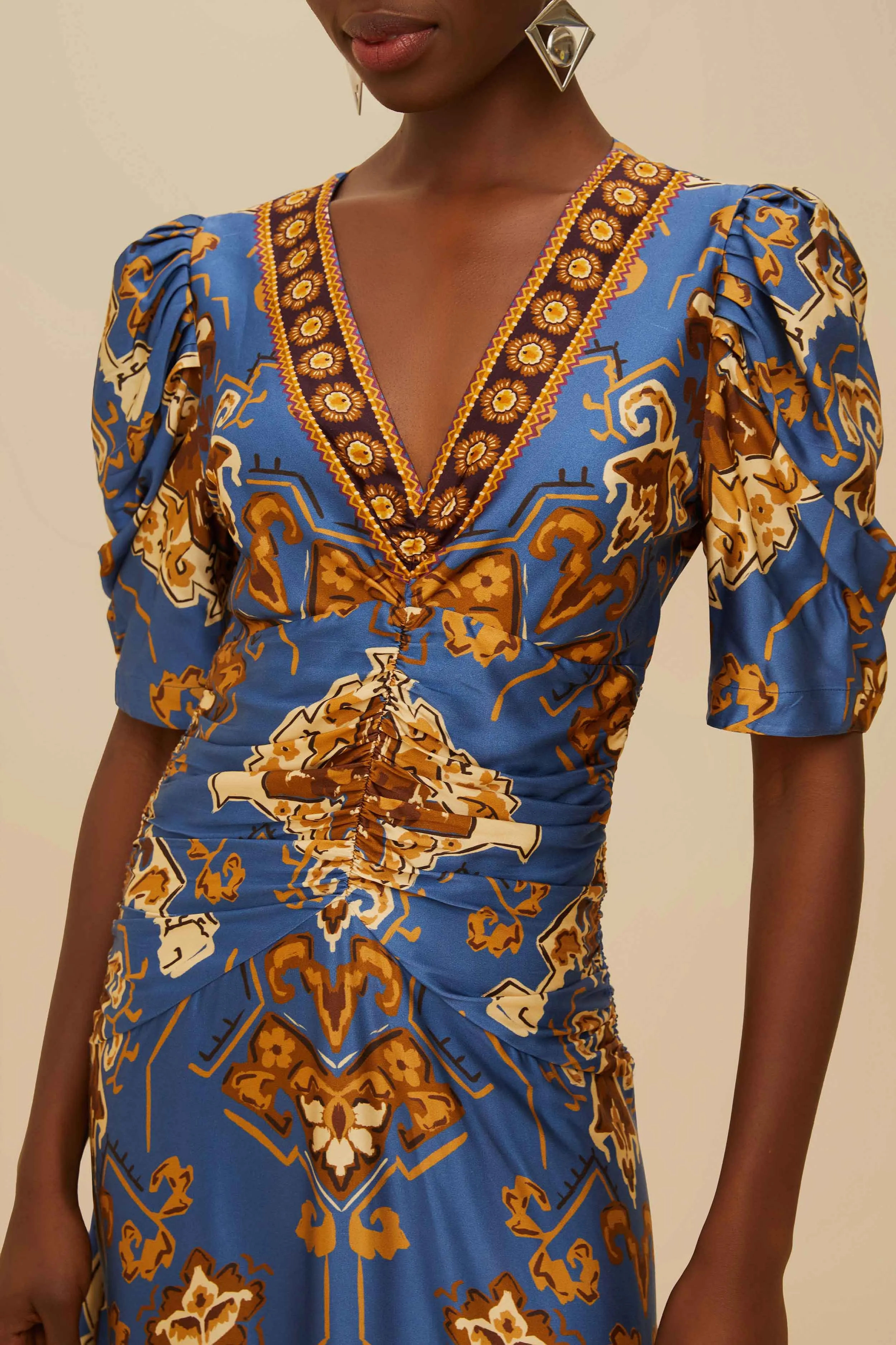 Trendy Outfit Deep Shade Blue Ornament Floral Midi Dress