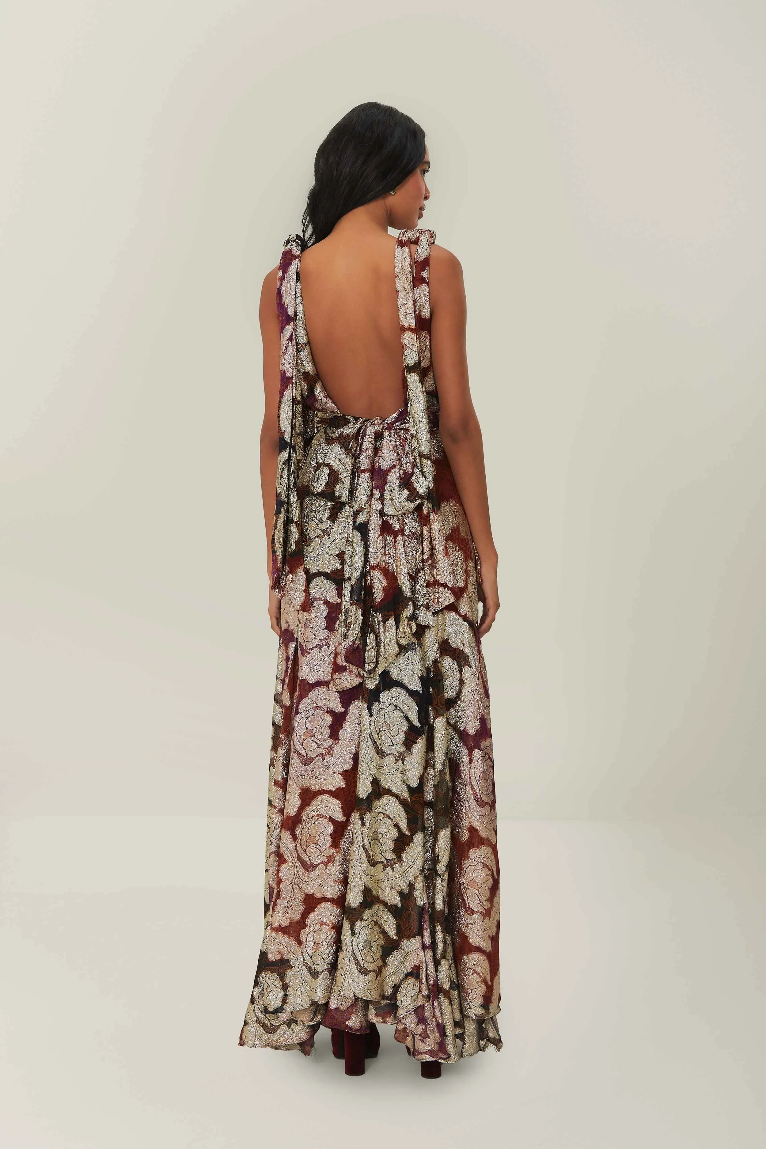 Jacquard Lurex Sleeveless Maxi Dress Full-length elegant piece Leaf Dance